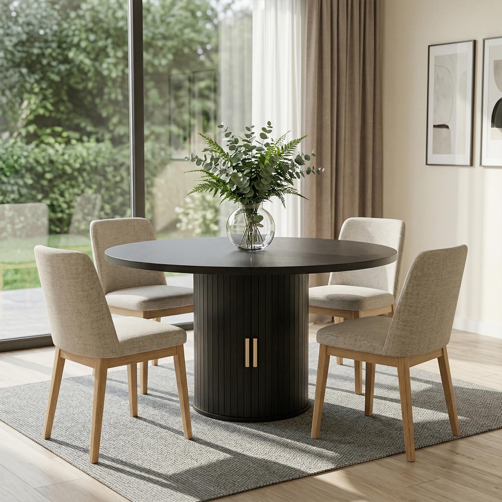 Mesa de comedor redonda extensible - de redonda a ovalada | Mesa de comedor moderna con base cilíndrica, mesa de cocina de madera para 4-6 personas, color negro (solo mesa)