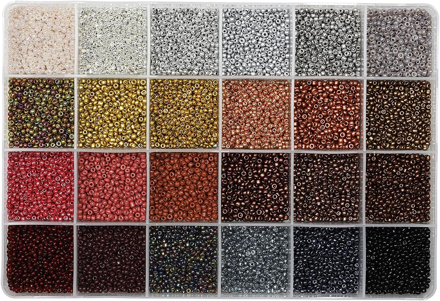 12/0 Glass Seed Beads About 15600pcs 24 Colors 2mm Loose Seed Beads Kit Bracelet Making Beads with 24-Grid Plastic Storage Box for Jewelry Making