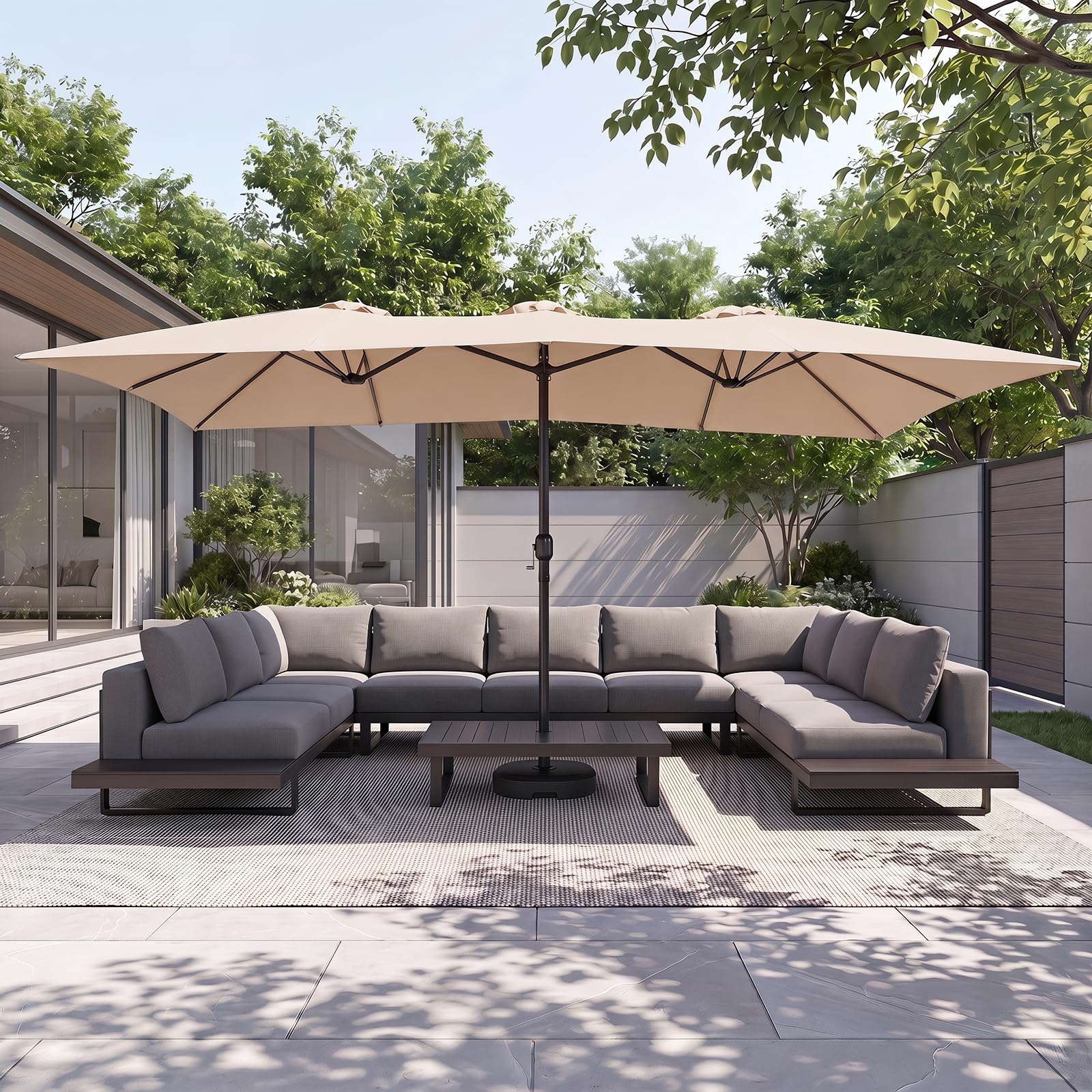 GOPLUS Parasol de Jardin Exterieur 4,3X2,7M, Grand Parasol Rectangulaire Double pour 6-8 Personnes avec Manivelle, 12 Baleines, Protection Solaire, pour Terrasse Marché Fête Plage (Marron)