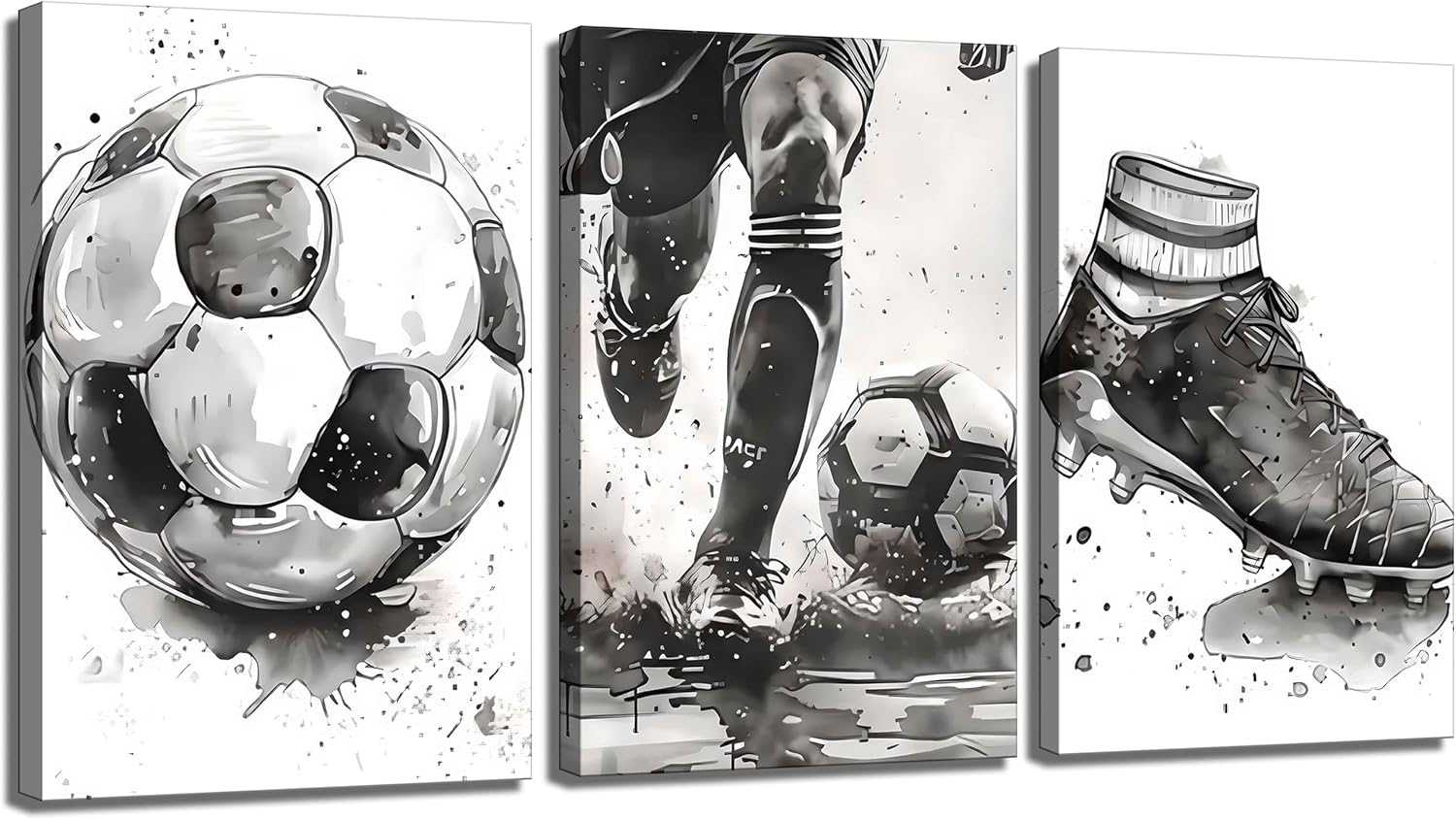 3Pcs Soccer Canvas Wall Art Black and White Football Decor pictures Modern Sports Theme Poster Prints for Stadium Boys Room Locker Room Living Game Room Home Decoration