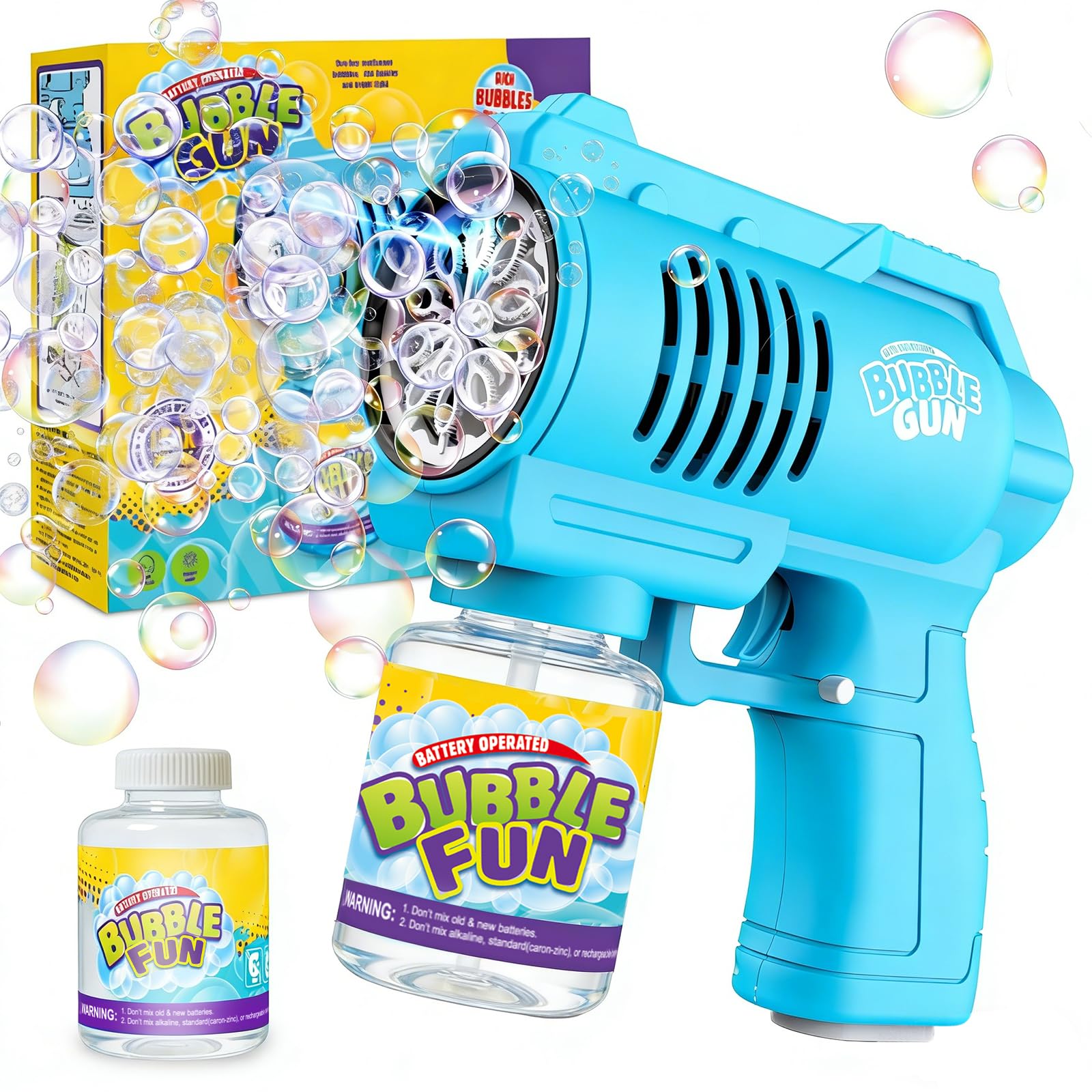 BUBOJOY Pistolet à Bulles pour Enfants, Machine à Bulles Automatique 10000+ Bulles/Min avec Solution, Souffleur de Bulles Silencieux avec Lumières pour en Plein air Fêtes Mariage- Bleu - 1