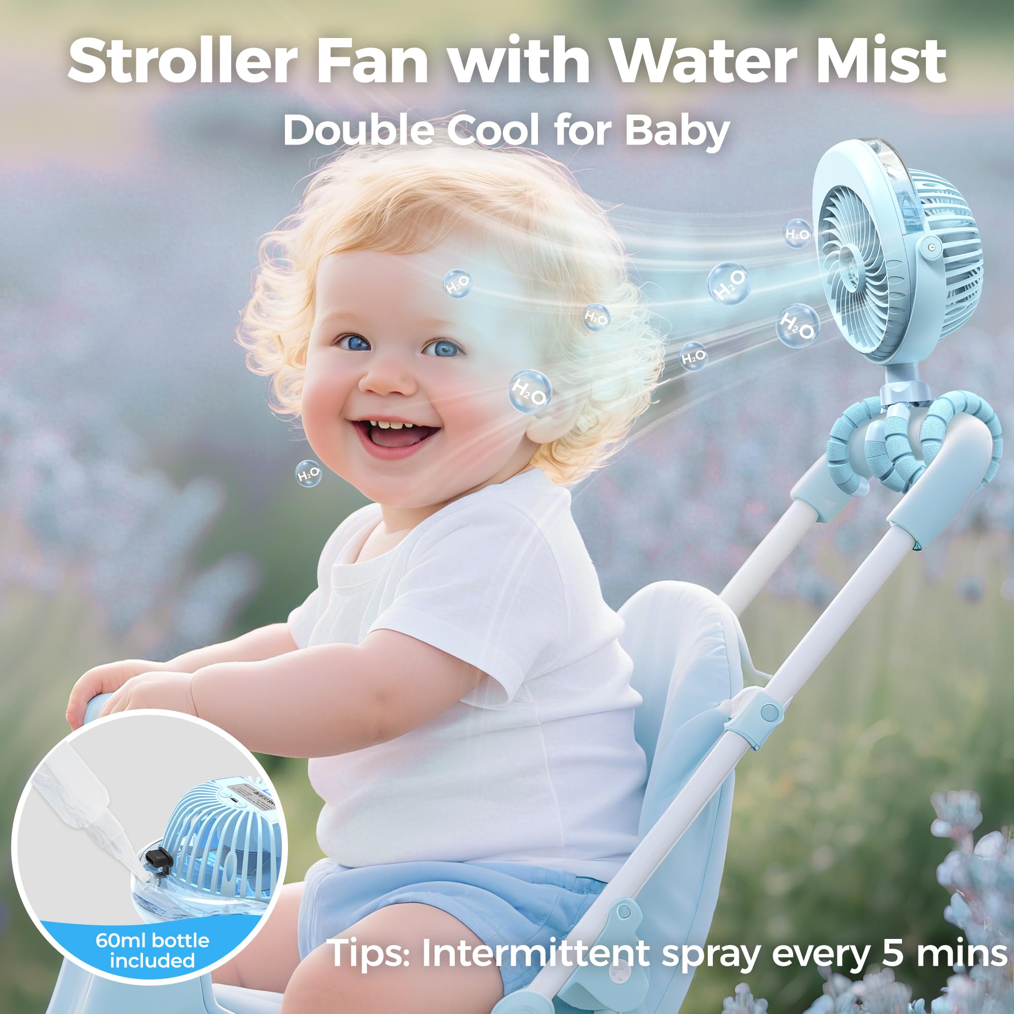 Ventilateur de poussette avec fonction d'humidification, ventilateur de table avec pied flexible, réservoir d'eau de 50ml, pivotant à 270°& 360°, ventilateur USB pour siège auto tapis roulant vélo