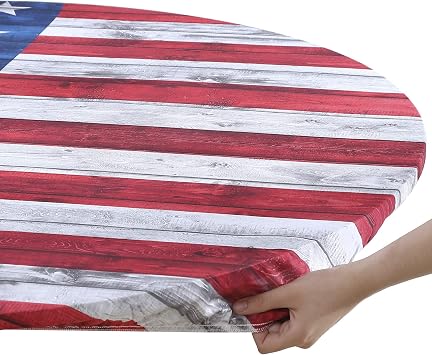 Brielle Home Easy Care Picnic Tablecloth July 4th Printed Indoor Outdoor Elastic Cotton Fabric Fitted Dining Table Cover, 42 Round, American Flag