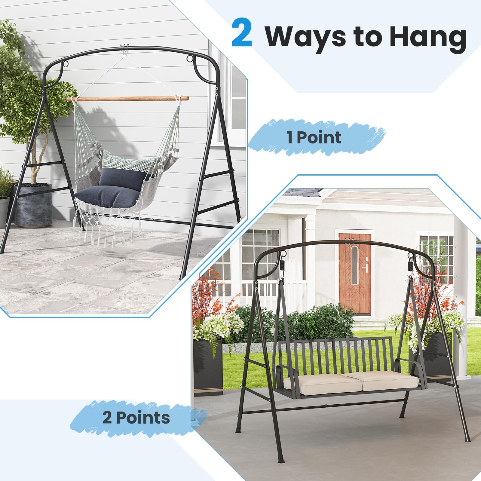 Tangkula Struttura a dondolo in metallo, supporto per dondolo con barre laterali extra, design a 3 anelli, telaio ad A resistente, telaio ad A, per esterni, prato, giardino, cortile