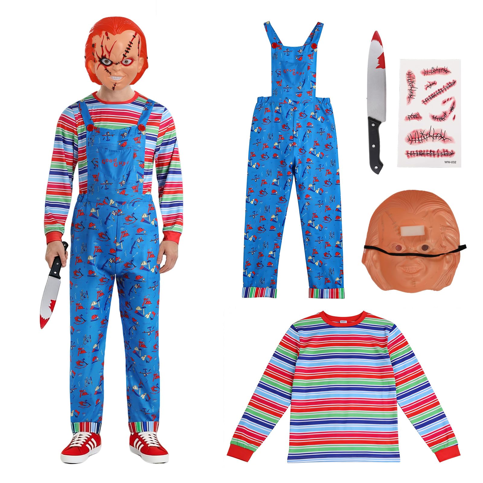 JoyFuncos 5PCS Chucky Costume Adult Men Killer Doll Outfit with Scary Movie Overalls Shirt Mask Fake Knife Tattoos for Halloween Party Cosplay (X-Large)