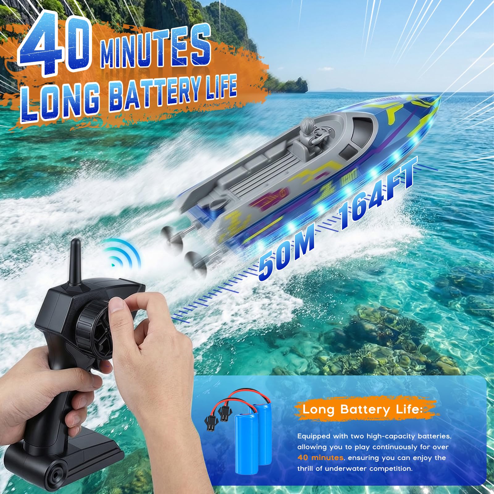 Bateau Télécommandé, 25+ KM/H, 40+ Mins, RC Racing Bateau Telecommandé Enfant avec Lumières LED, 2 Batteries, Mini Bateau RC Haute Vitesse 2,4 GHz Jouet Aquatique pour Lac/Piscine/étang