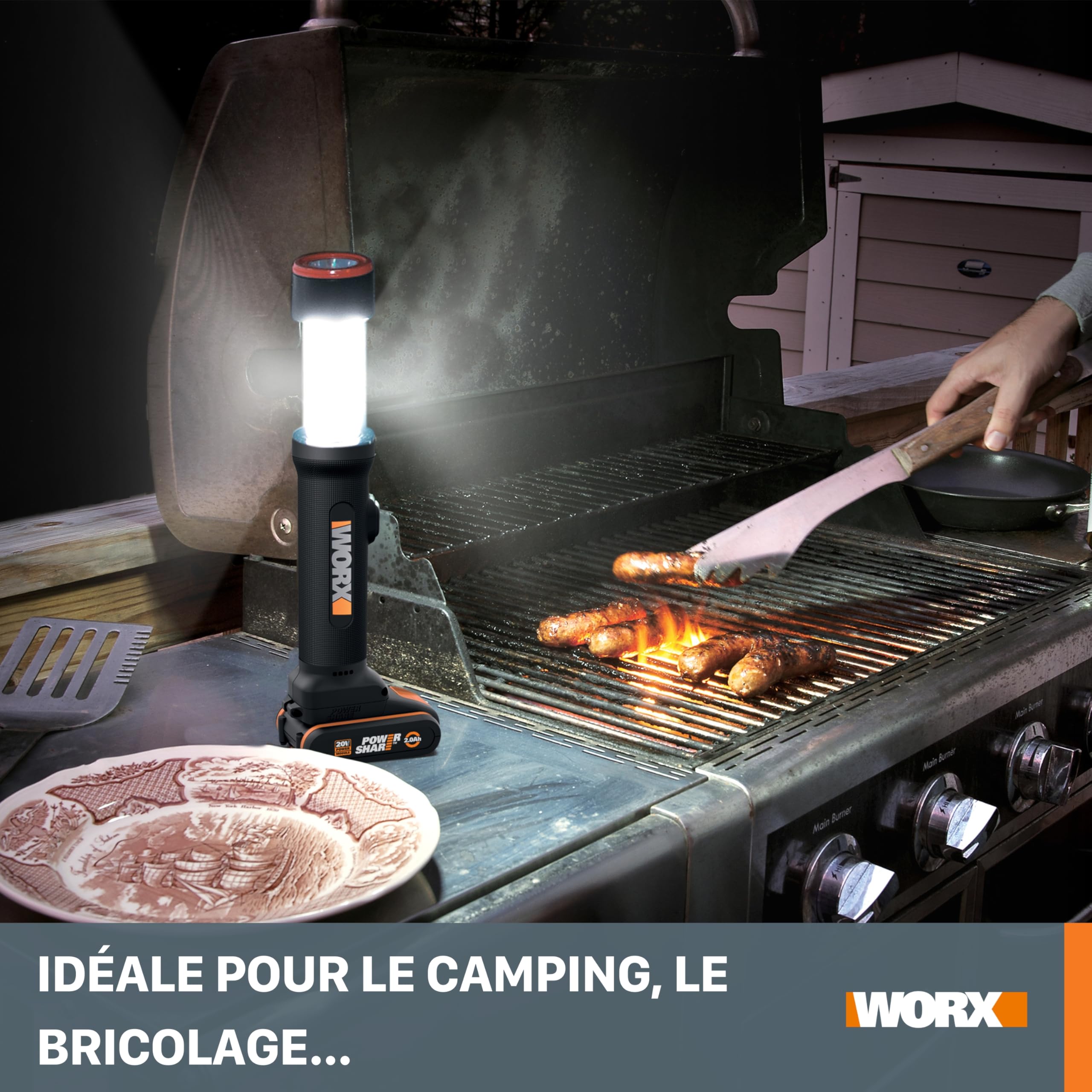 WORX Lampe Led 4 en 1 sans Fil 20V WX027.9, Télescopique, Tête Pivotante à 70°, Idéale Pour le Camping et Activités Extérieures, Sans Batterie ni Chargeur