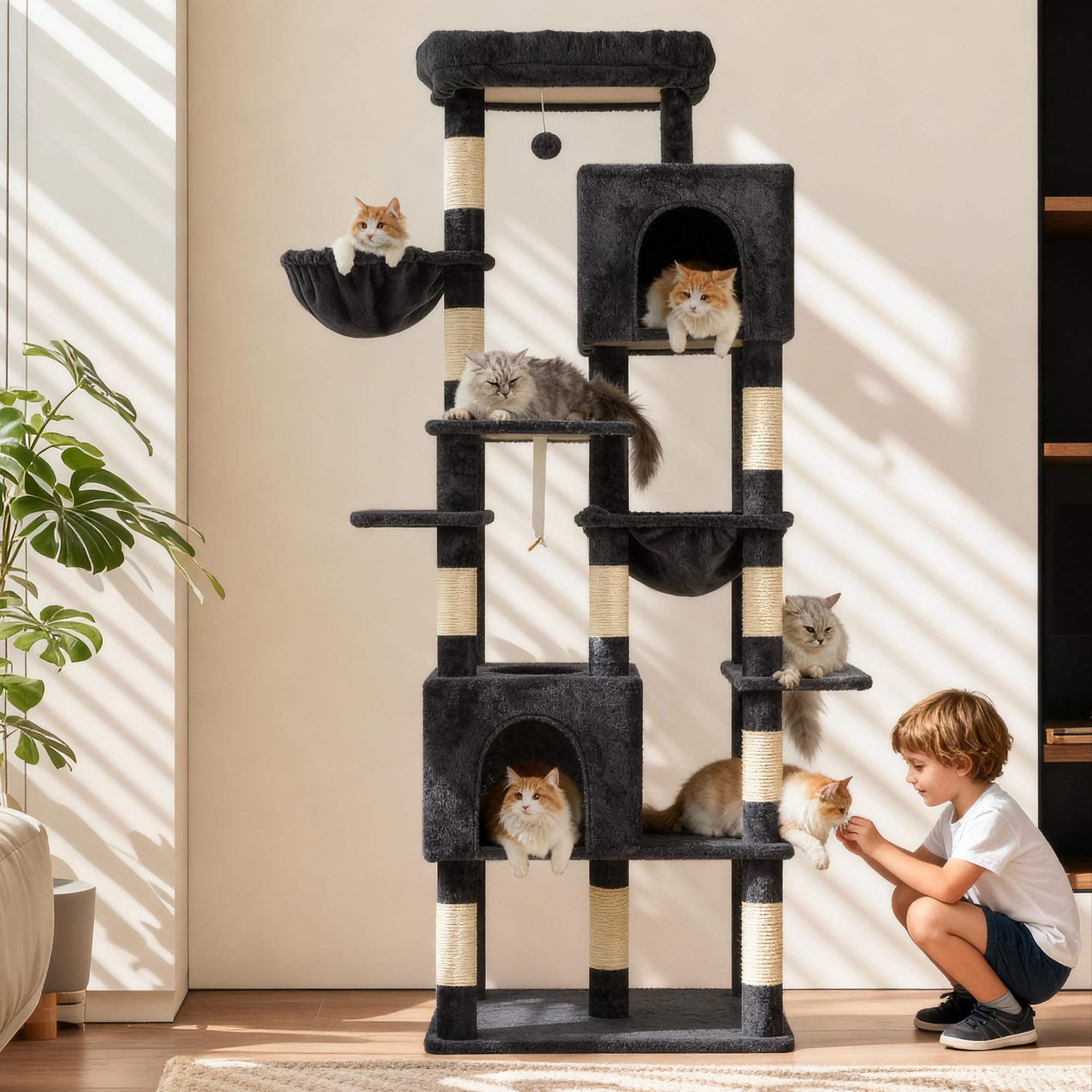 Heybly Albero Tiragraffi per Gatti XXL 193cm, Base Extra Large, Torre Robusta con 10 Pali in Sisal e 2 Amache per Gatti, 2 Cuccole Design, Arredo e Letto per Gatti Giganti, Grigio Fumo HCT039G