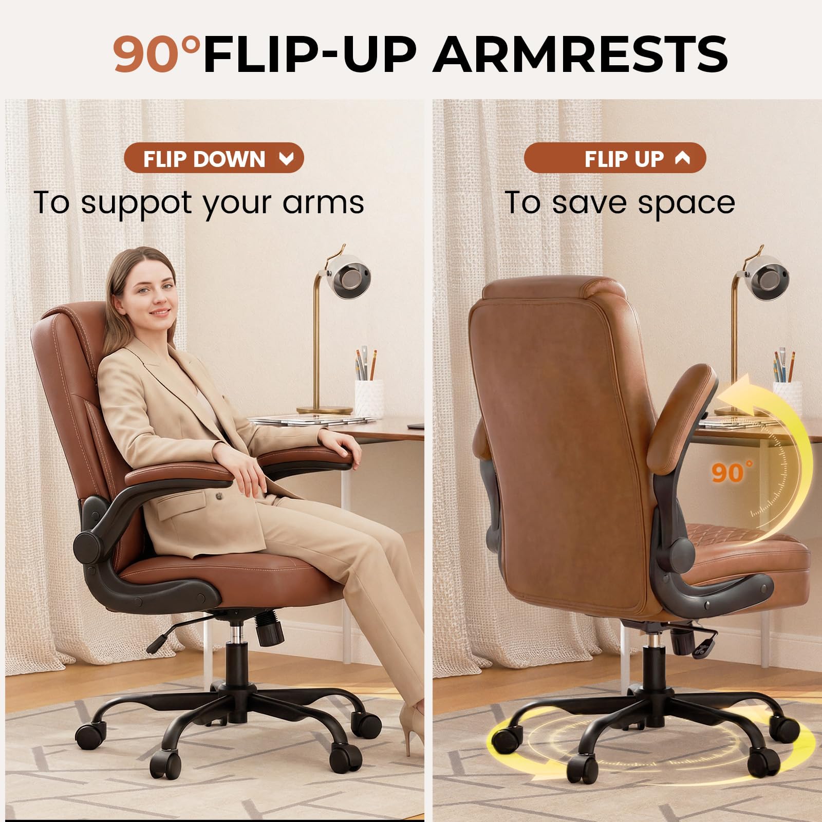 GTPLAYER Sedia da ufficio ergonomica, sedia da scrivania con schienale alto, braccioli pieghevoli, regolabile in altezza, in pelle PU, seduta extra larga, per ufficio e casa, marrone
