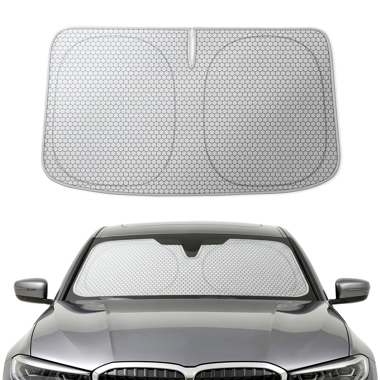 WOLFBOX Foldable Car Windshield Sun Shade, Maximum UV & Heat Shield Front Window Sunshade Visor Protector for Sedans Compact SUVs Coupes (Graphene, 59''x29'')