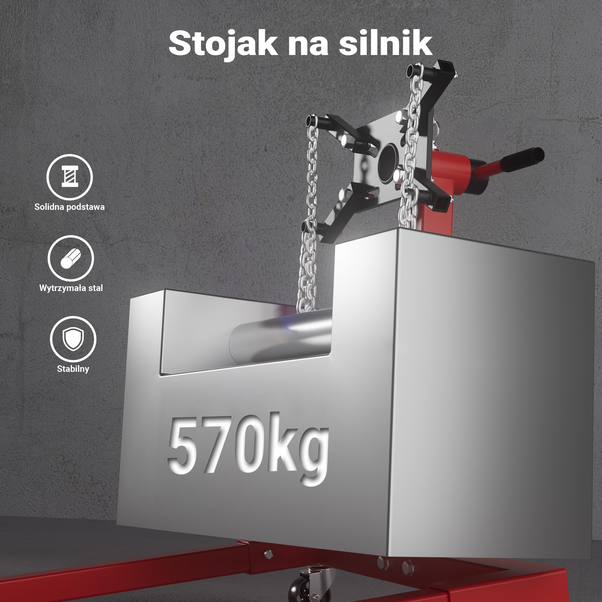 Wiltec Stojak do silnika do 570 kg, warsztatowy podnośnik stalowy z rolkami, obrotowy uchwyt do montażu naprawy i serwisu jednostek napędowych