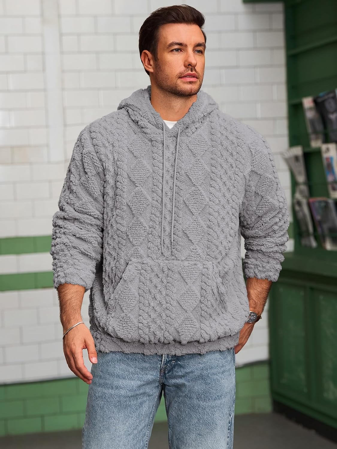 Runcati Mens Fuzzy Sherpa Hoodie Pullover Sweatshirts Long Sleeve Front Pocket Fall Winter Hooded Textured Outwear - Image 3