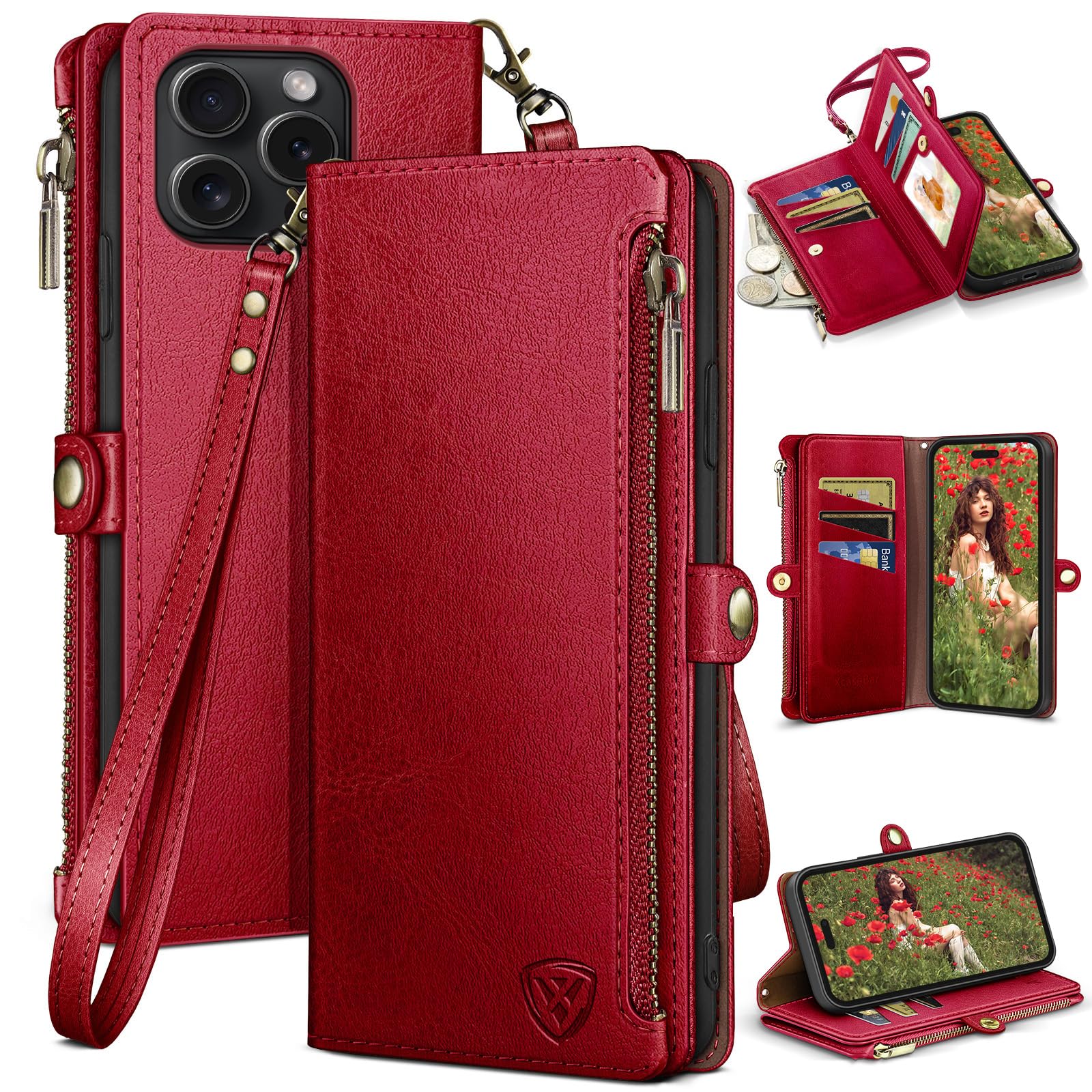 XcaseBar for iPhone 15 Pro 6.1" Wallet case with Zipper Credit Card Holder RFID Blocking,Flip Folio Book PU Leather Shockproof Strap Protective Cover