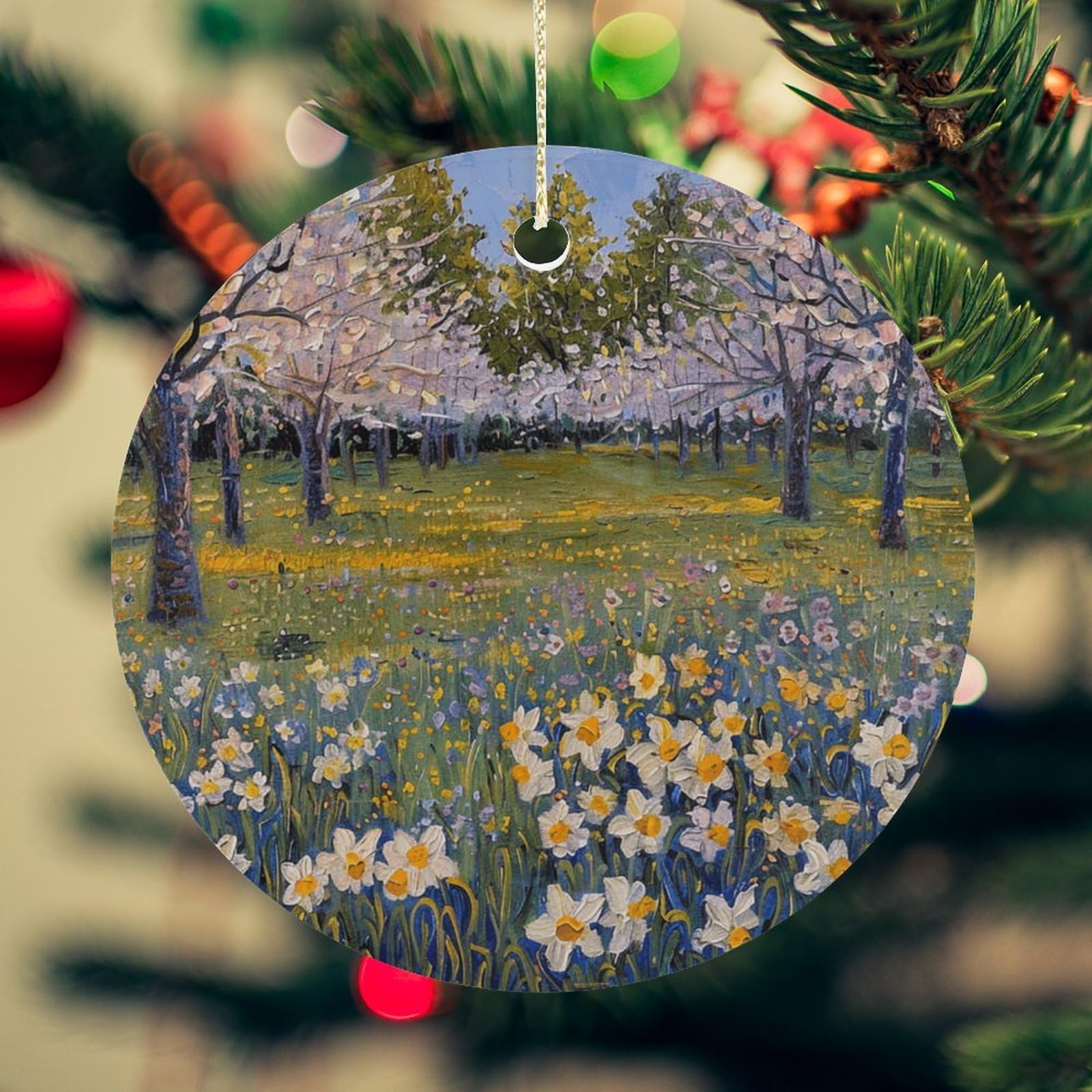 Rows of Trees Christmas Ornament for Christmas Tree Ceramic Round Ornament Winter Holiday Keepsake Gift 2.7" Christmas Tree Hanging Decorations Circle Ceramic Pendant Xmas Gift