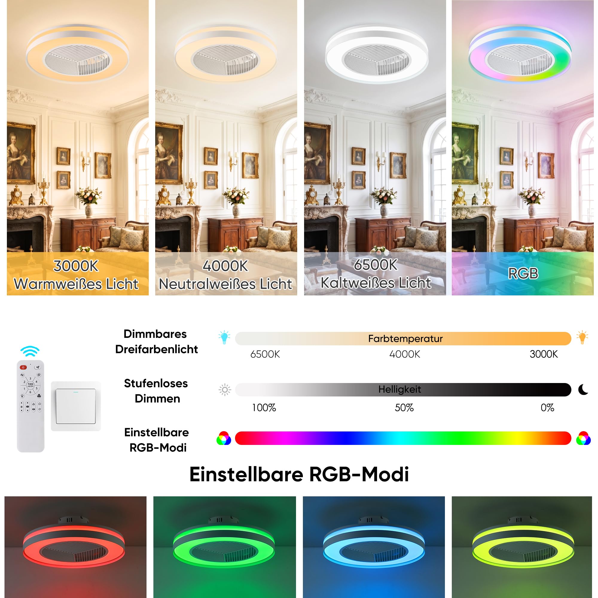 DOMANKI Deckenventilator mit Beleuchtung 50 cm RGB, Leiser DC-Motor Dimmbar, Sommer-/Wintermodus, Fernbedienung, Weiß