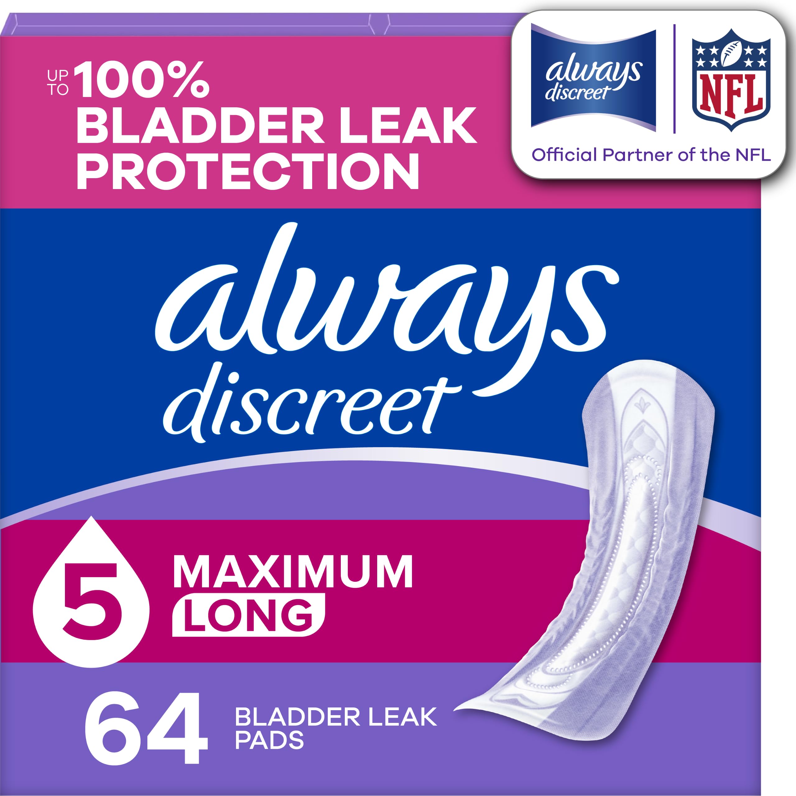 Always Discreet Inkontinenzeinlagen für Erwachsene, hohe Saugfähigkeit, lange Länge, postpartale Einlagen, 64 CT