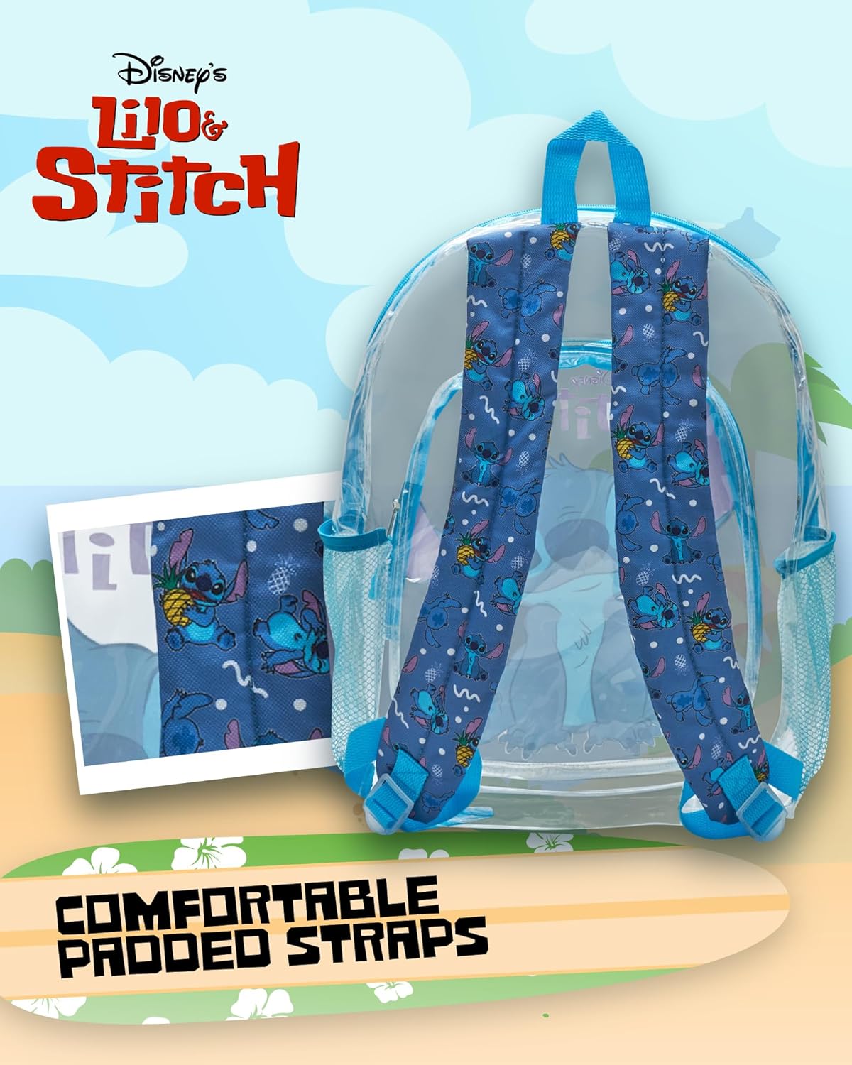 Fast Forward Stitch Backpack - Water Resistant Clear Backpack for Kids School Bag with Padded Straps and Side Pockets, Size One Size, Light Blue Stitch - Image 9