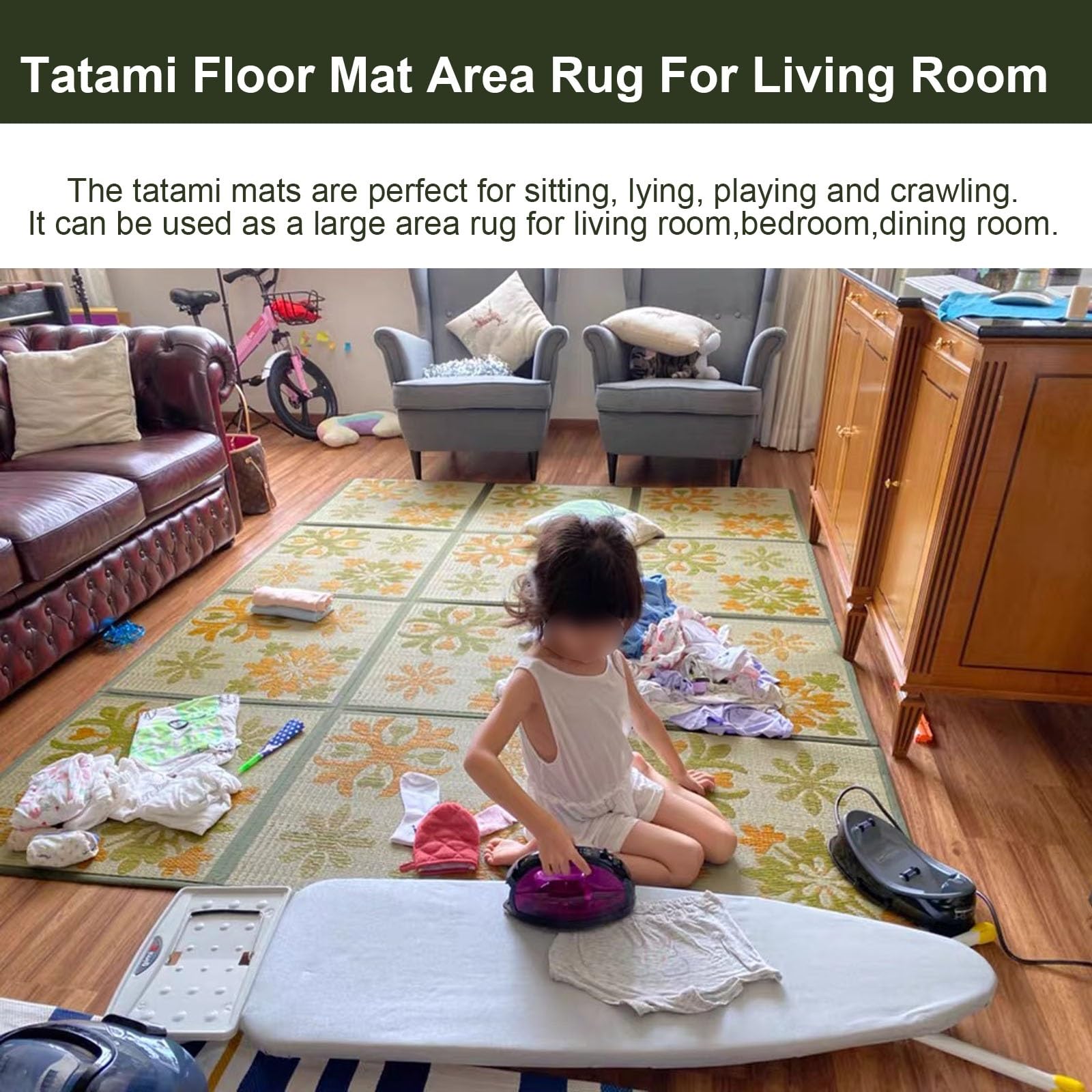 Tatami Mat Pliable Igusa Matelas Japonais Rush Herbe Sol Sommeil Futon(Yellow,195x195cm)
