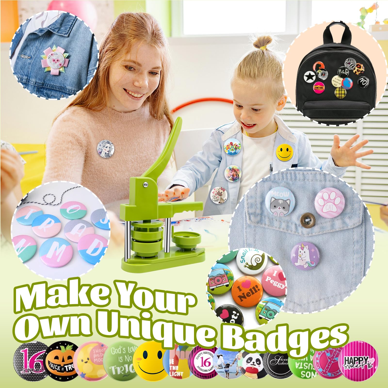 58 mm badgemakermachine, knopmakermachine met 100 accessoires, cirkelsnijder en snijplank, pin maker 6,5 cm, doe-het-zelf badge ponspersset voor volwassenen kinderen, geweldig cadeau voor Kerstmis