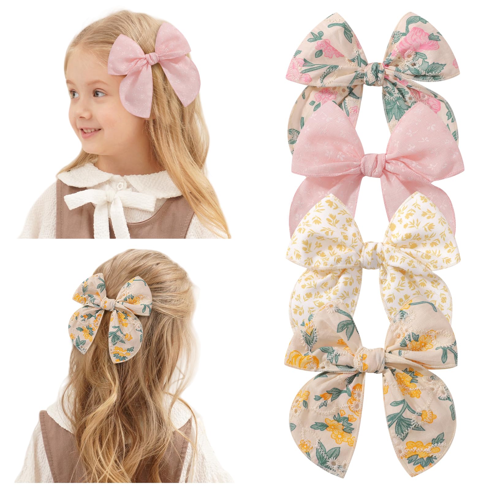 4PCS Baby Girls Hair Clips Fable Hair Bows Cotton Linen Bows for Girls Hair Accessories for Baby Toddlers Kids Women - Floral Print