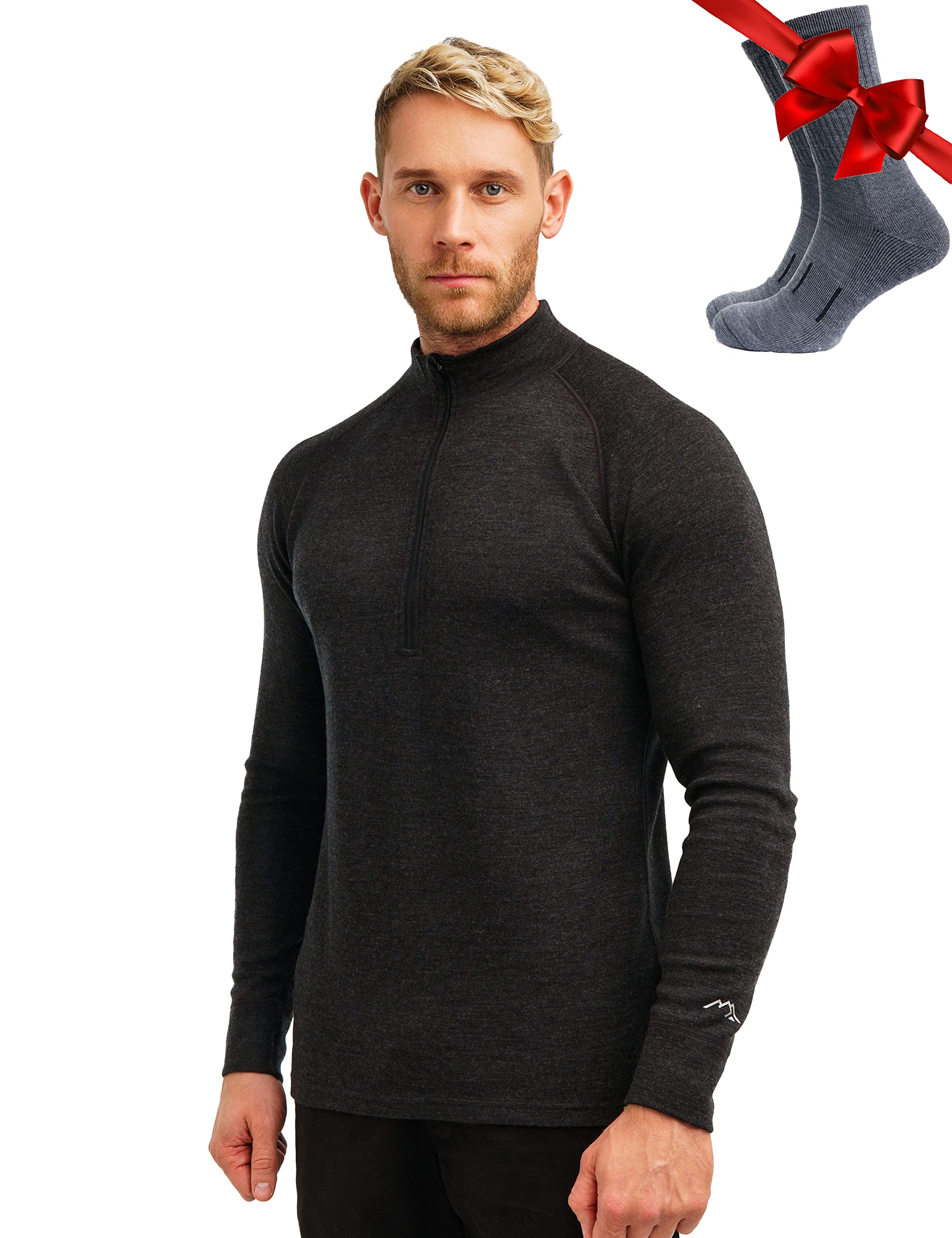 Merino Wool Base Layer Mens - Wool Half Zip Sweater Men - Merino Quarter Zip Sweater Lite, Midweight, Heavyweight and Socks