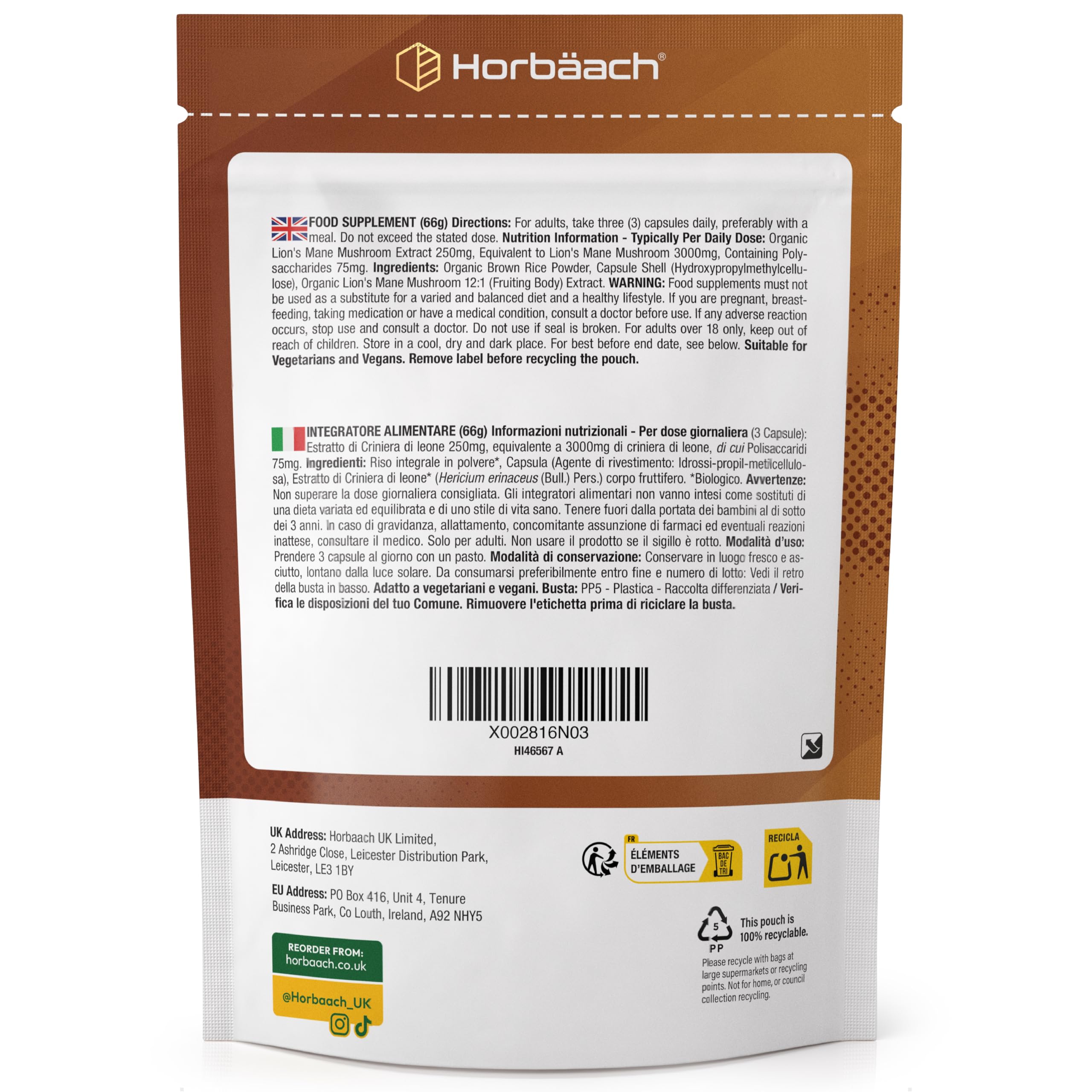 Lions Mane Bio 3000 mg | 120 Capsule Vegane | Hericium Erinaceus | Criniera di Leone Fungo Integratore | Estratto di Funghi ad Alto Dosaggio | Mushroom Supplement | Horbaach