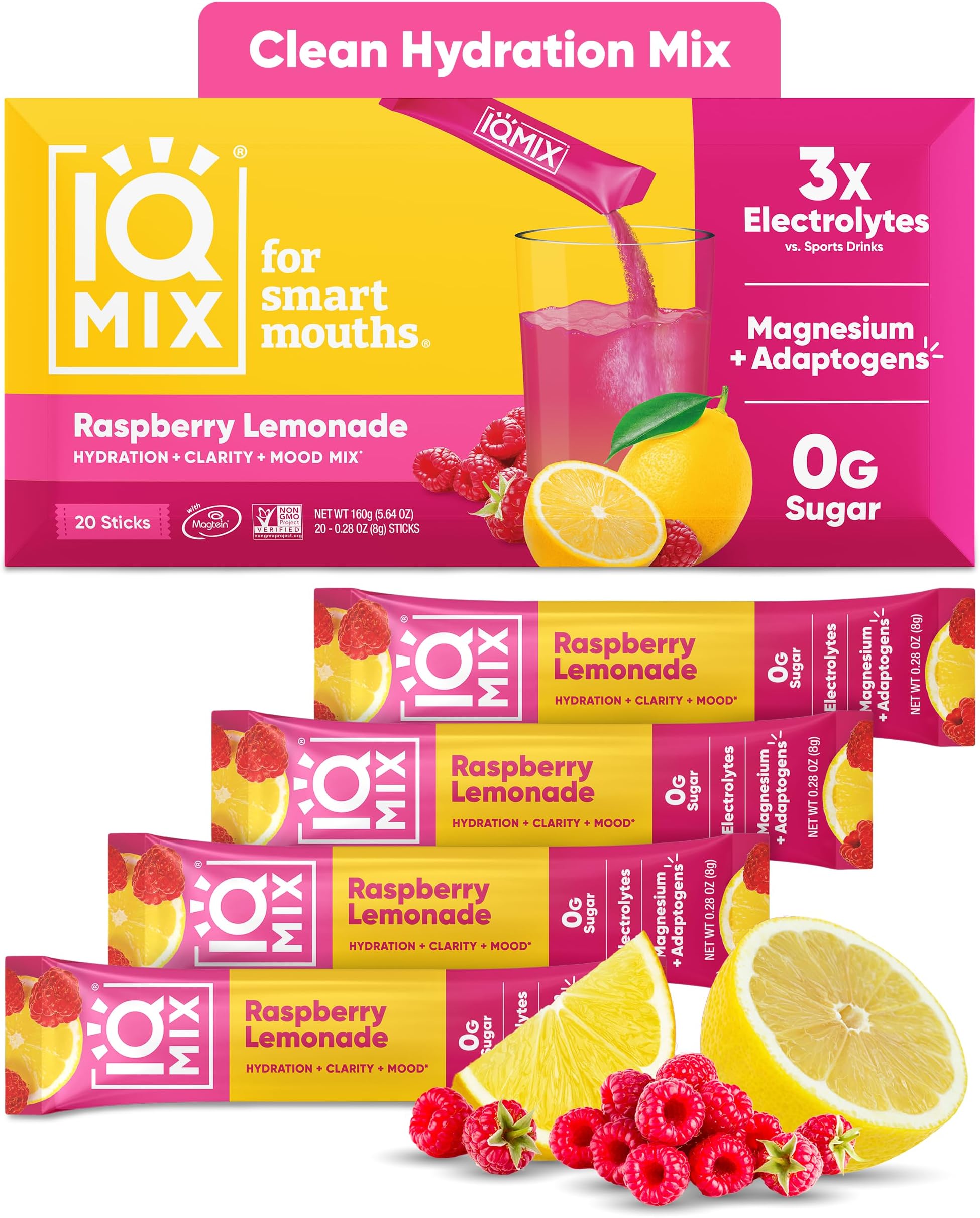 IQMIX Hydration Electrolytes Powder Packets, Raspberry Lemonade 20-Count | Sugar Free Drink Mix Sticks | Magnesium L Threonate, Potassium, Sodium, Lion's Mane, Keto, Clean Label Project Certified