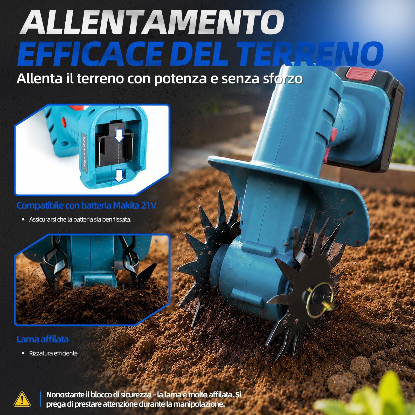 Motozappa portatile senza fili 350W – Fresatrice da giardino con 4 lame – Profondità di lavoro 195mm, larghezza 160mm – Alimentazione 18V (corpo solo, batteria non inclusa)