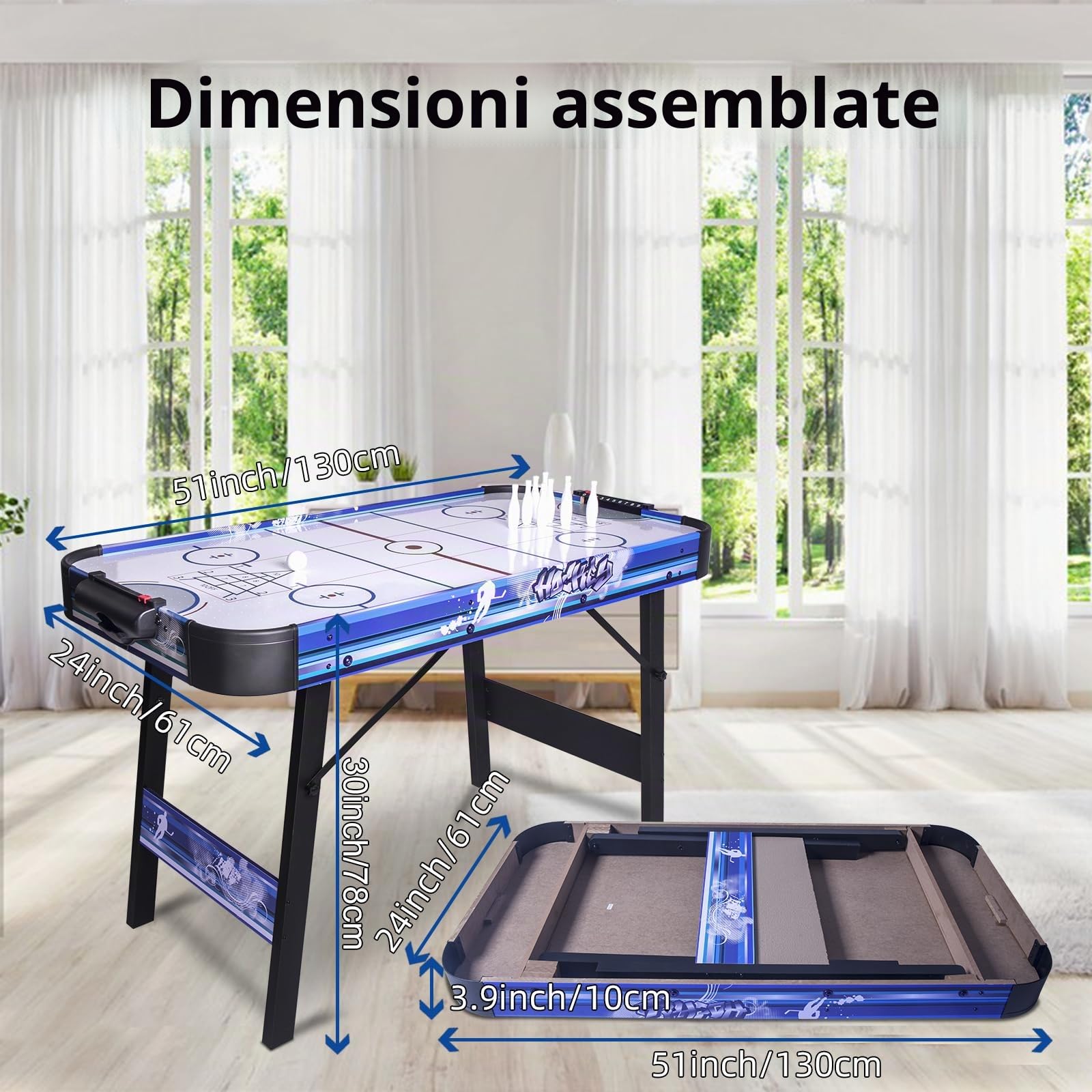 HLC Tavolo multigioco 3 in 1, Air Hockey Tavolo, Bowling, Shuffleboard, con ventilatore 12 V, misura 130 x 61 x 78 cm