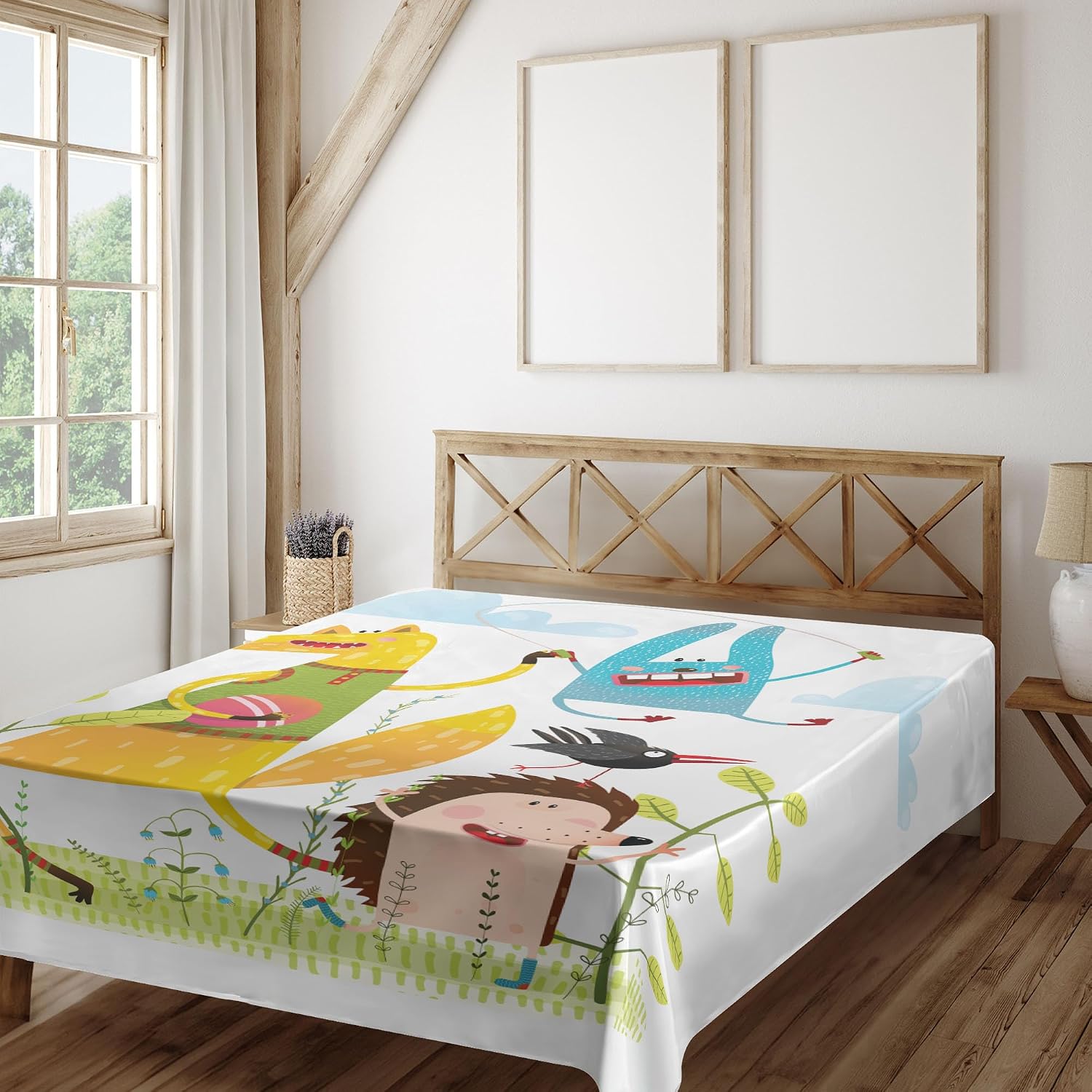 Ambesonne Animal Flat Sheet, Fox Hedgehog Crow and Dog Skipping in The Garden Best Friends Cartoon, Soft Comfortable Top Sheet Decorative Bedding 1 Piece, Full Size, Multicolor