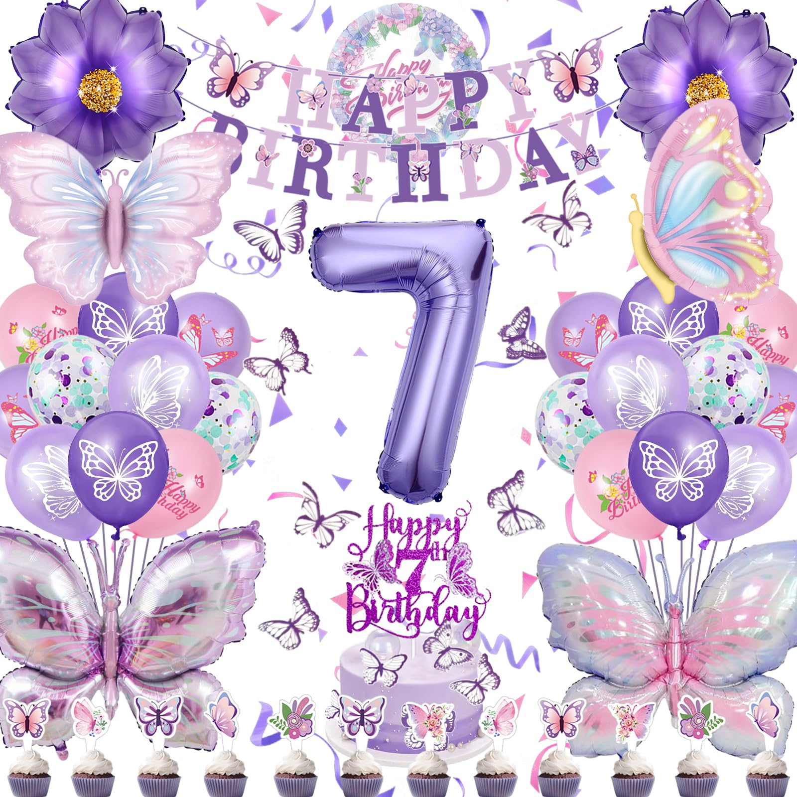 Schmetterling Deko Geburtstag 7 Jahr Mädchen, 4 XXL Folienballon Lila Schmetterling Tortendeko Banner Wanddekoration, Geburtstagsdeko Mädchen Luftballon Party Mitgebsel (Kindergeburtstag Deko 7 Jahr)