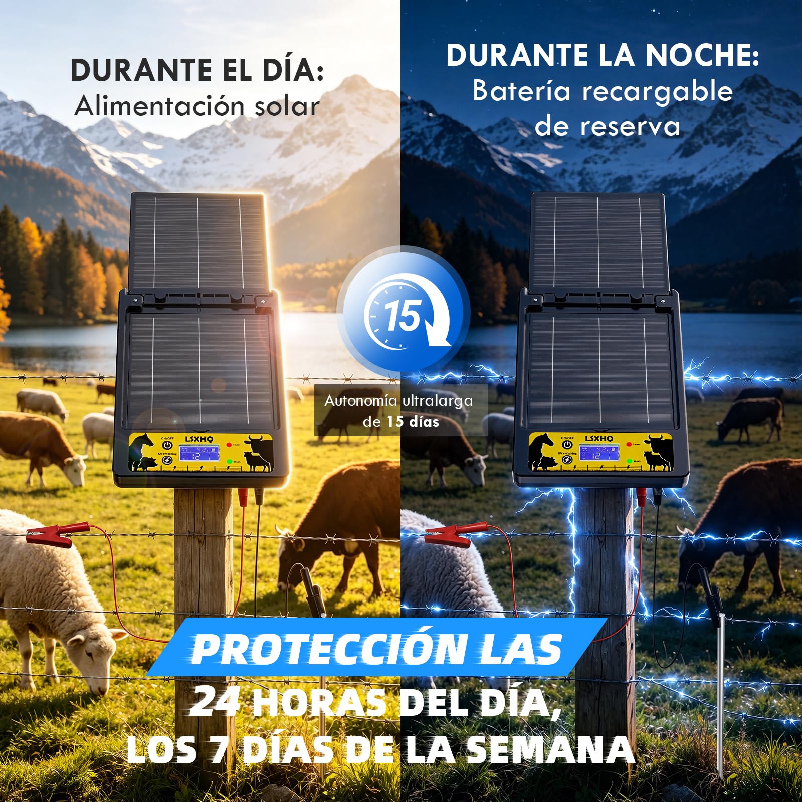 Electrificador de Cercas Solar para Alcance 32 KM, Batería de Litio 18000mAh, Electrificador con Panel Solar 10W, 0.3-2J, 6KV-12KV Ajustable, Protección para Aves de Corral, Ganado (Negro)