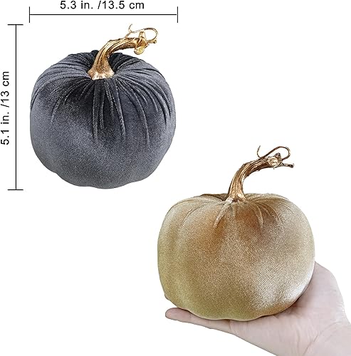 Miniatura 2 de Winlyn 4 calabazas de terciopelo sintético surtidas, calabazas de tela decorativa, calabazas de espuma en blanco, negro, gris, gris topo, de 5