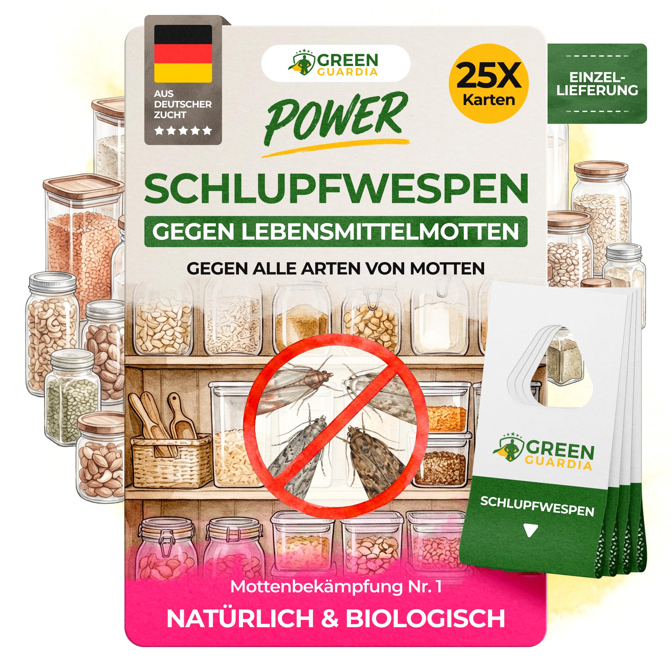 GREEN GUARDIA Schlupfwespen gegen Kleidermotten - 25 Karten à 1 Lieferung - Effektiv Motten bekämpfen/Bio- und Umweltfreundliche Alternative zu Mottenfalle, Mottenspray, Pheromfalle