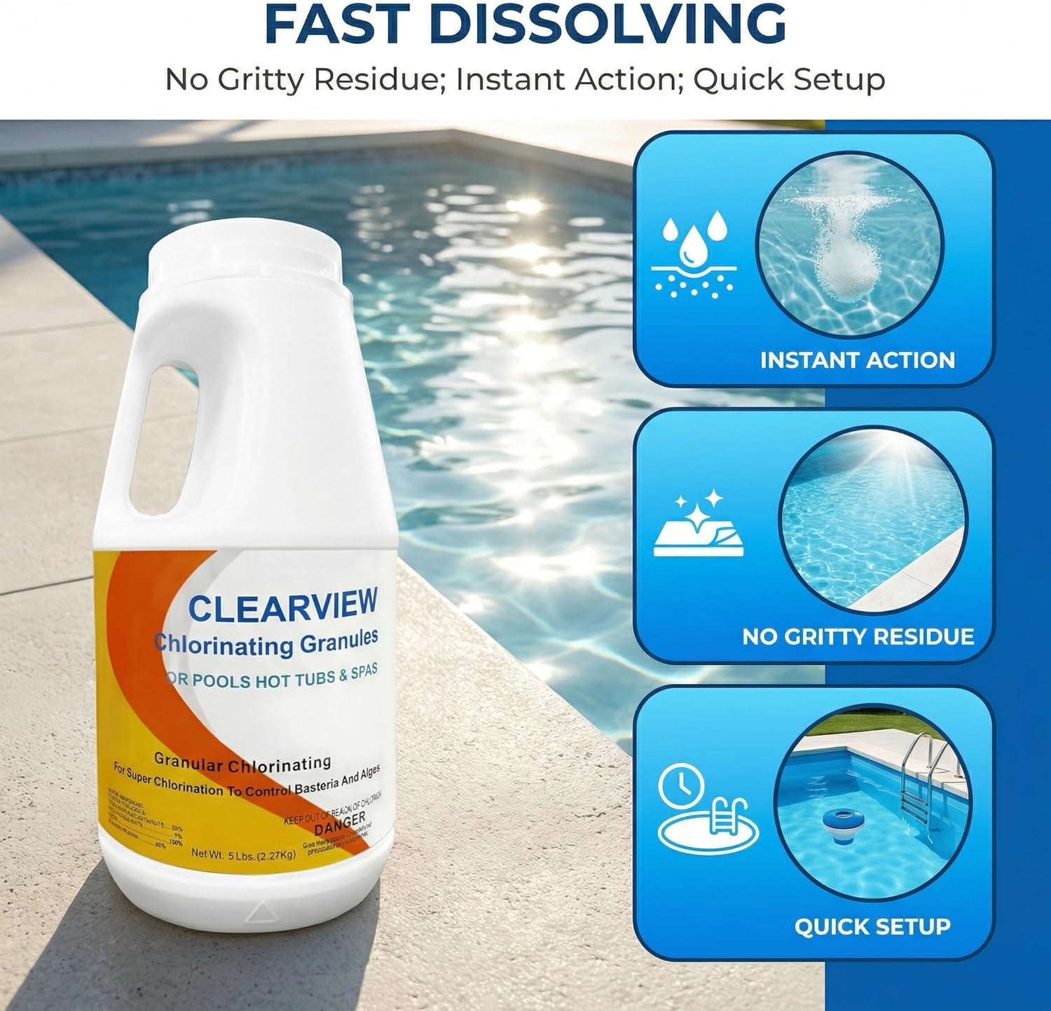 ClearView Chlorine Granules 5 Lbs for Swimming Pools, Pool Chlorine Shock Granular Sanitizer for Spas, Fast Dissolving Chlorinating Granules for Hot Tubs
