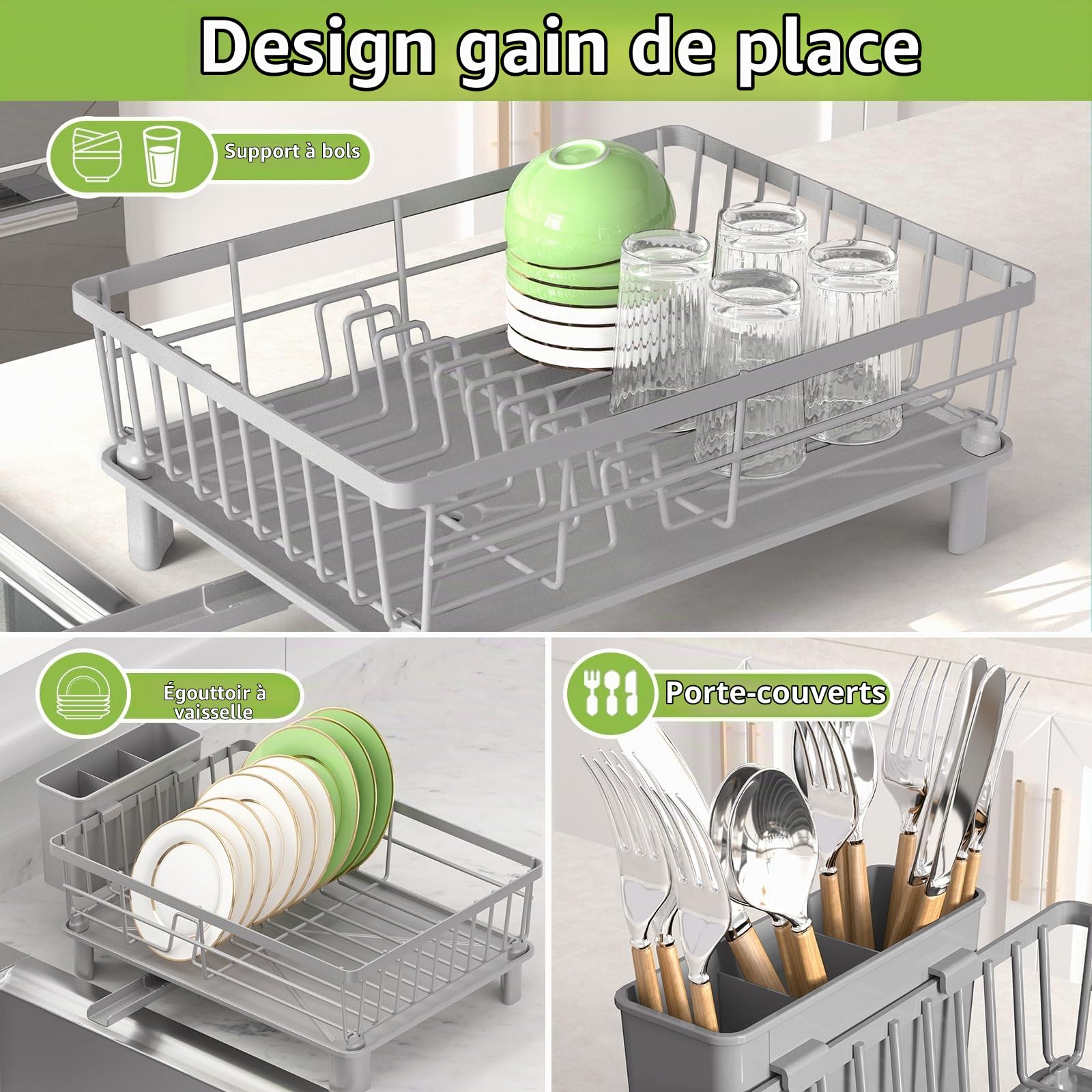 Egoutoire Vaisselle Cuisine,Égouttoir à Vaisselle en Acier Inoxydable avec Porte-Ustensiles,Egouttoir avec Plateau d'égouttage,Drainage Automatique,Rangement et Organisation de Cuisine