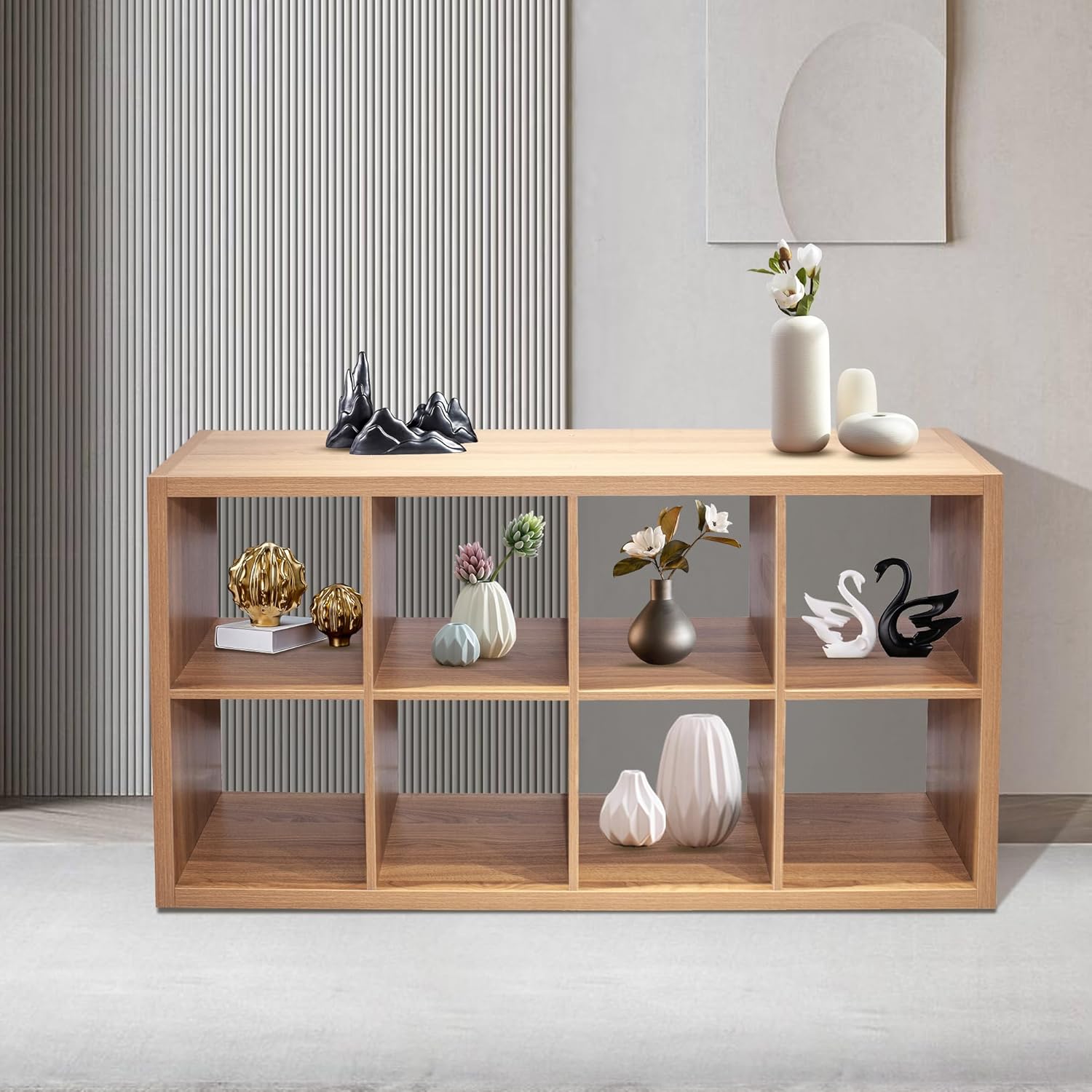 8-Cube Book Shelf, Walnut Cubby Storage Organizer, Open Bookcase Cabinet Storage Shelves for Classroom Sturdy Room Kid's Playroom, Reading Nook