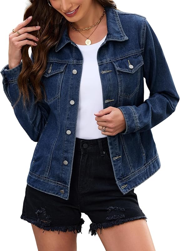 Women's Casual Jean Jacket Fitted Button Down Cropped Denim Jacket Long Sleeve Stretch Jean Coat with Pockets