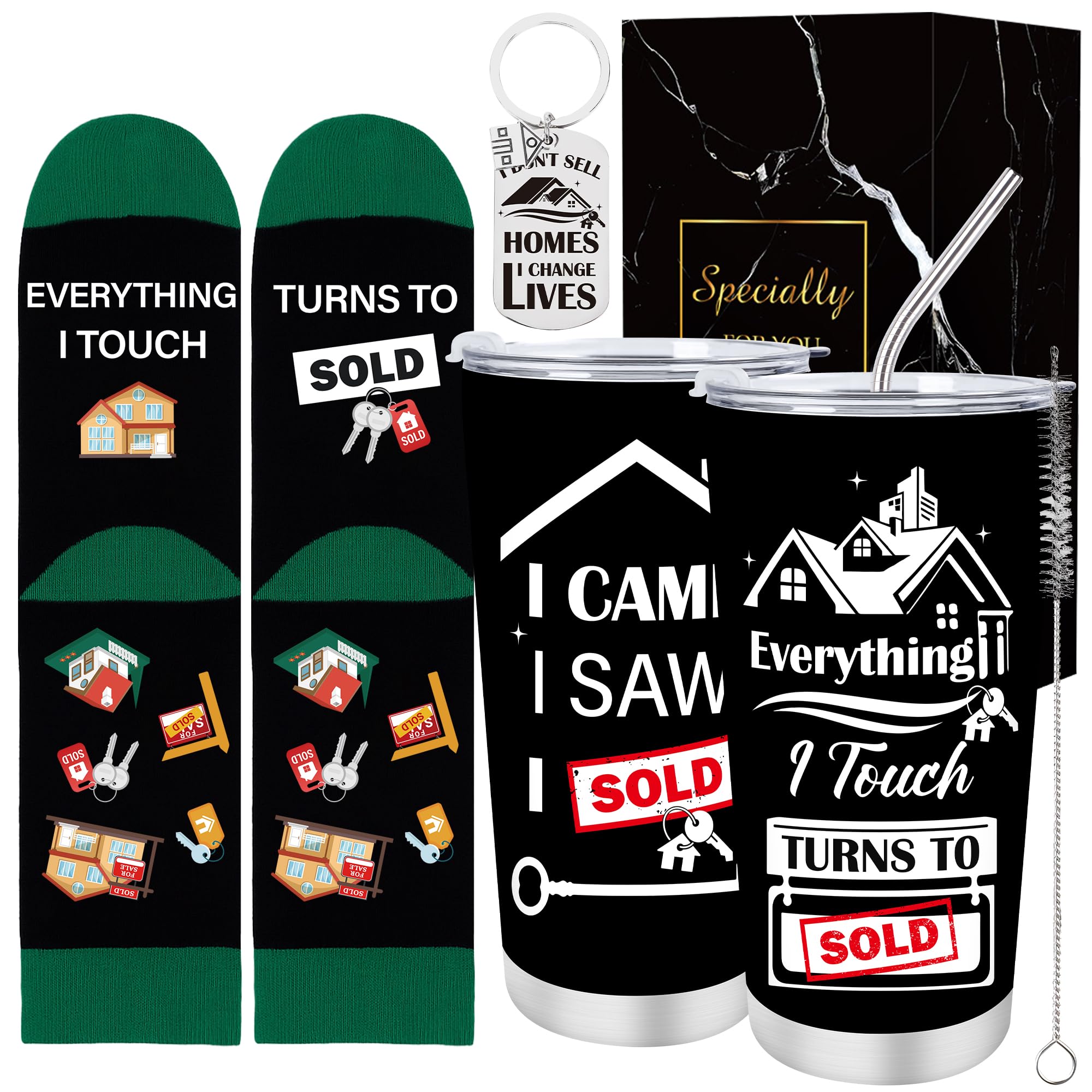 Keluna Realtor Gifts for Women Men - 3Pcs Real Estate Agent Gifts, 20oz Realtors Tumbler with Lid Straw, Keychain, Socks, Funny Christmas Birthday Closing Presents for Real Estate Agent Salesman