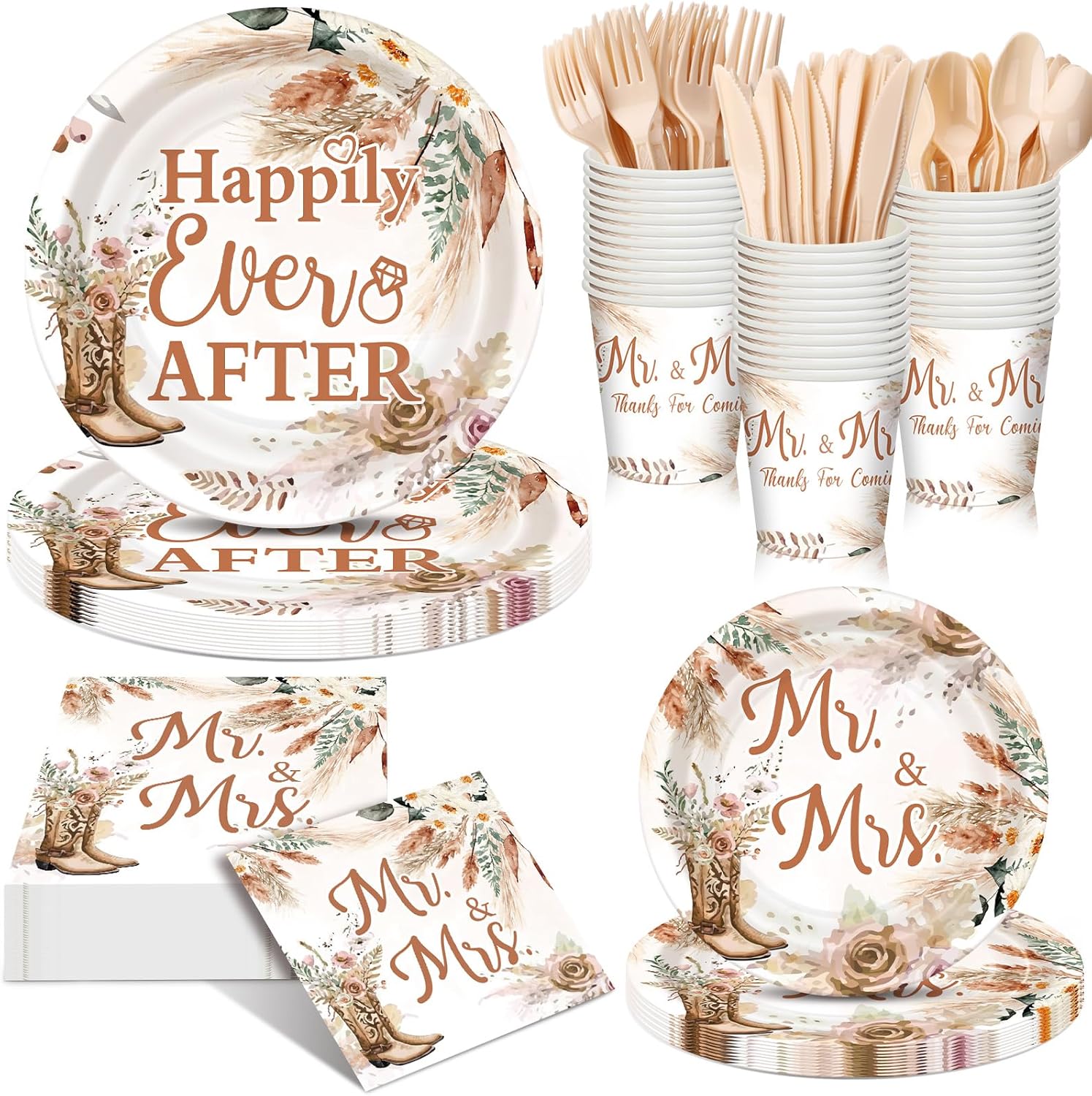 168 Pcs Boho Cowgirl Bridal Shower Party Supplies Happily Ever After Decorations Wedding Plates and Napkins Western Engagement Tableware Set Mr and Mrs Disposable Paper Plate Cups Serves 24