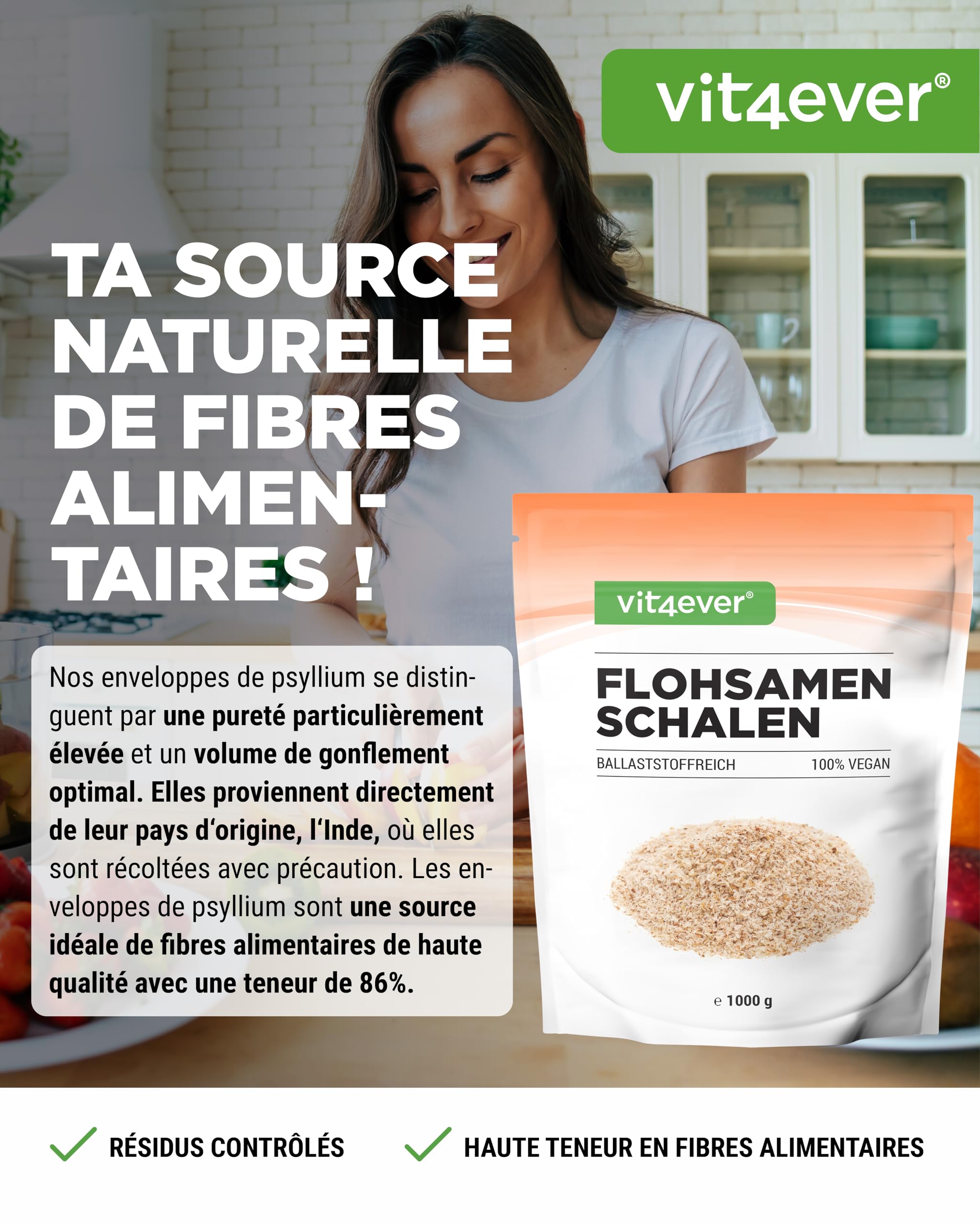 Psyllium Husks 1 kg - 1000 g - Résidus Contrôlés - Pureté 99% - Origine : Inde - Faible Teneur en Glucides - Haute Teneur en Fibres - sans Additifs - Vegan