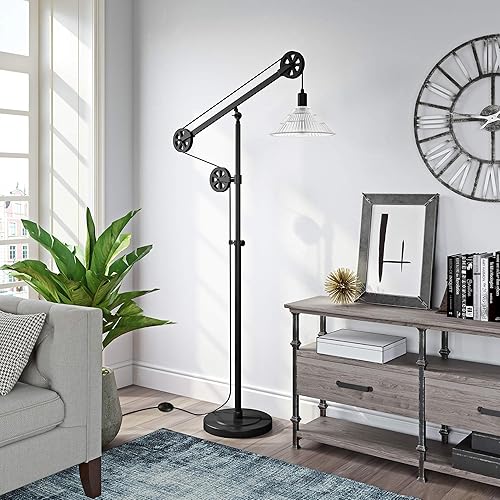 Miniatura 21 de Henn&Hart Lámpara de pie con sistema de poleas con pantalla de vidrio acanalado en bronce ennegrecidotransparente, lámpara de pie para oficina en