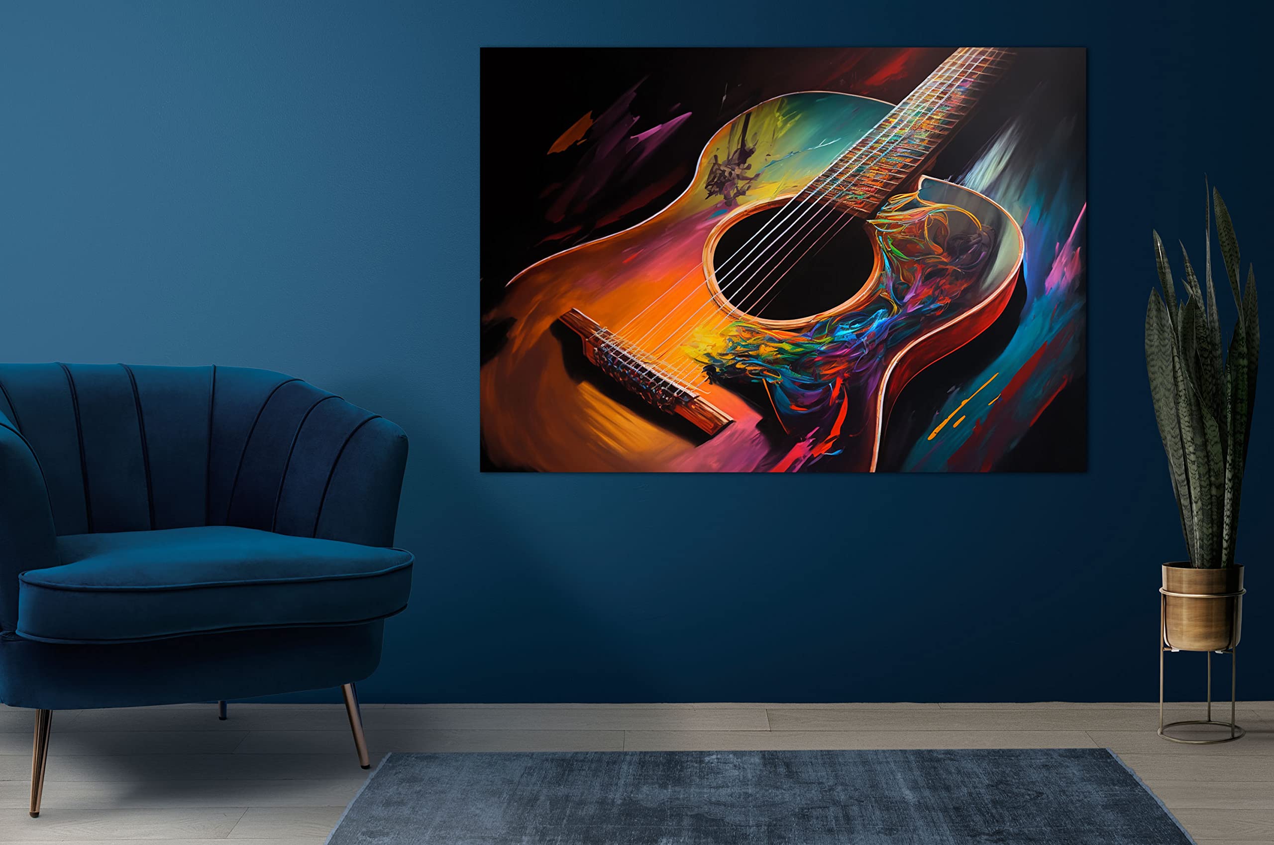 PRINTONIA Quadro su tela 120 x 80 cm chitarra acustica classica corde musica suono concerto astratto colori arte neon graffiti