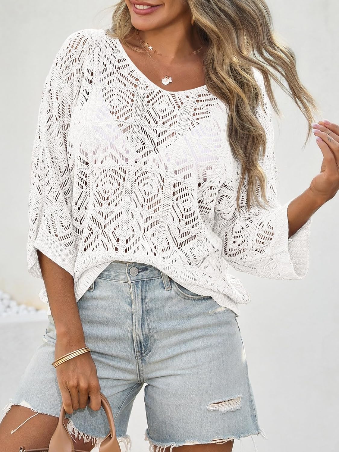 Saodimallsu Womens Crochet Cover Up Top Summer 3/4 Sleeve Off Shoulder Sweater Shirts Mesh Boho Beach Swimsuit Coverup - Image 2