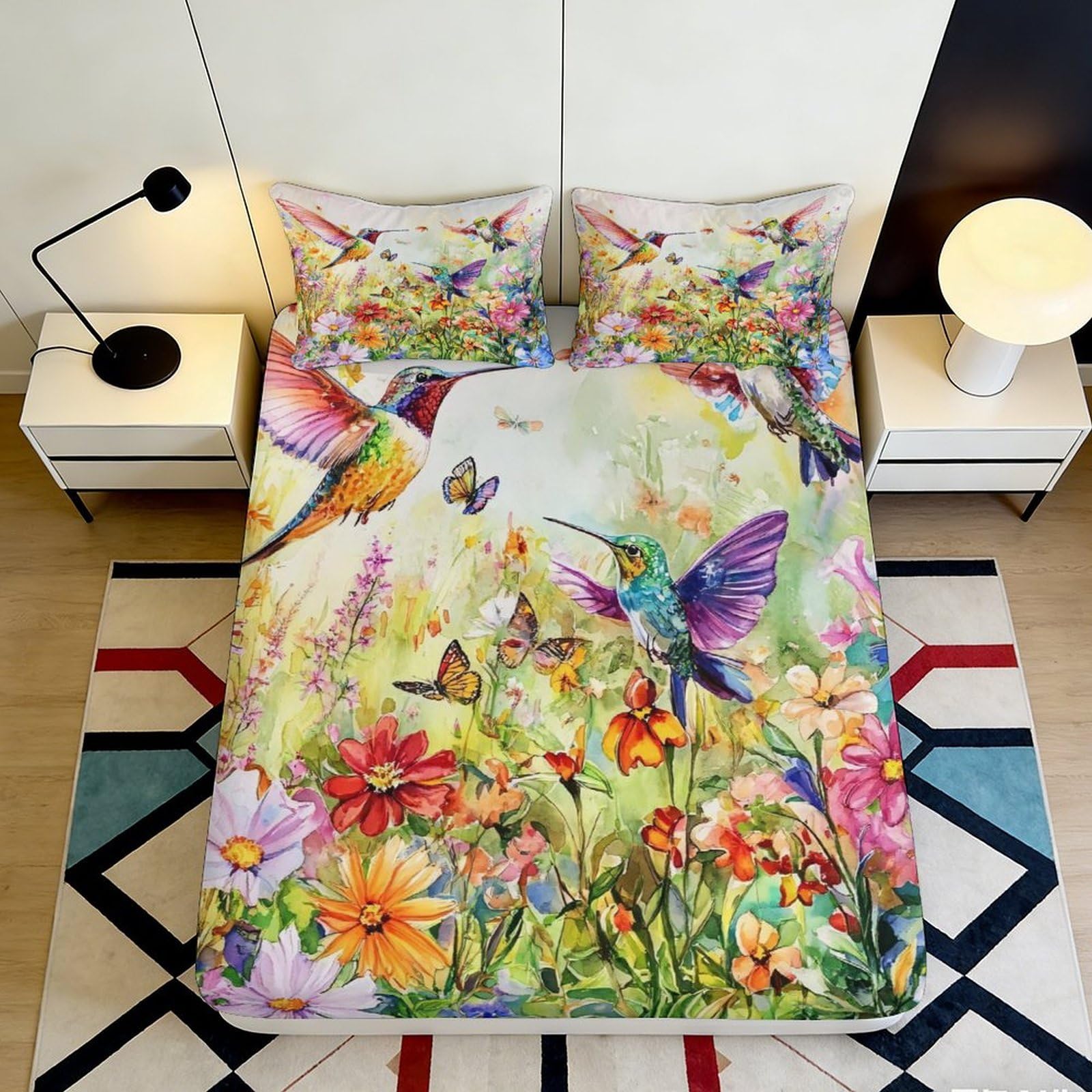 3D Printed Hummingbird Garden Fitted Sheet Microfiber Colorful Floral Butterfly Bed Cover for Bedroom Guest Room Decor 90x200x25cm