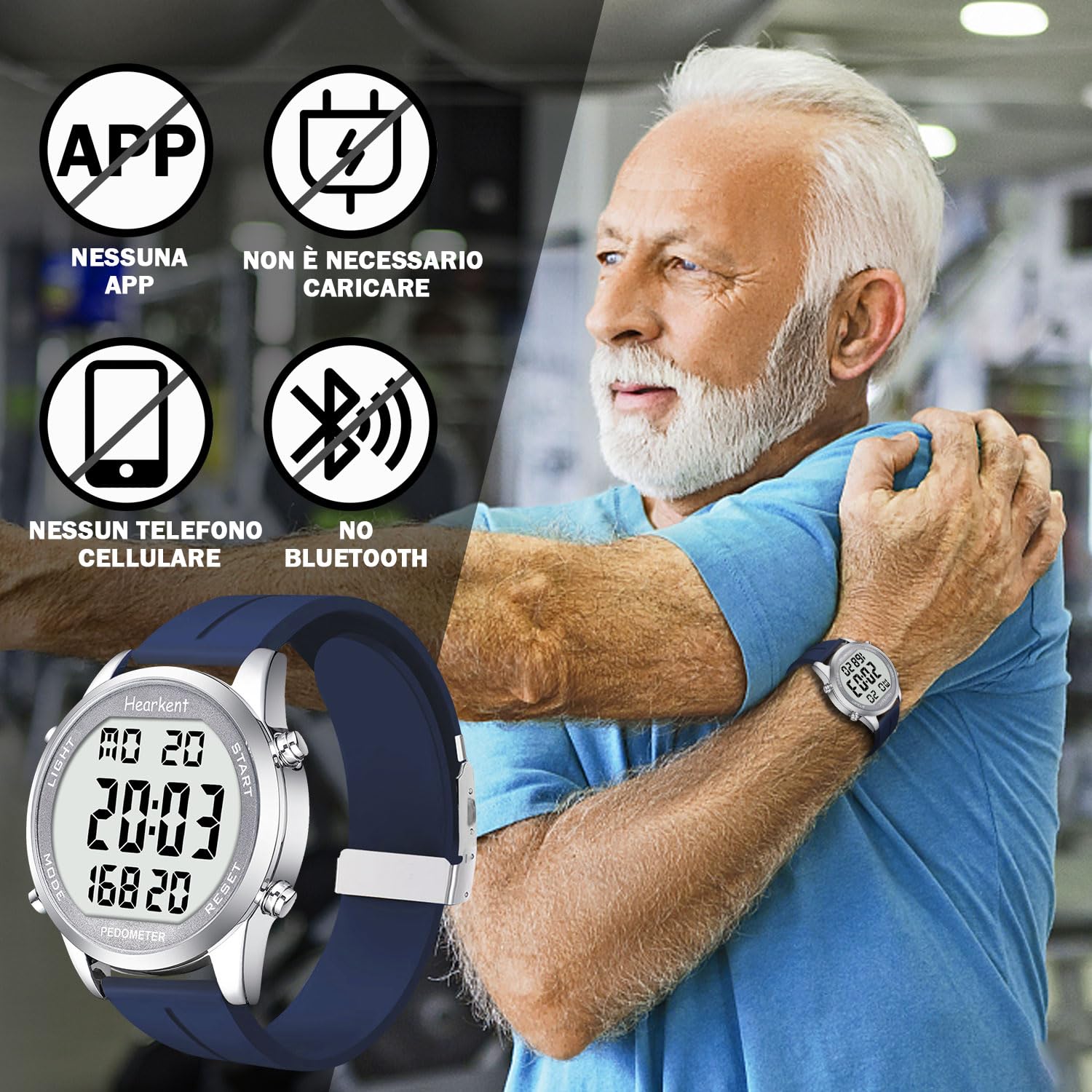 Hearkent Orologio da polso per il fitness con contapassi, pedometro, contatore delle calorie, display LCD digitale ad alto contrasto e retroilluminato, resistente all'acqua