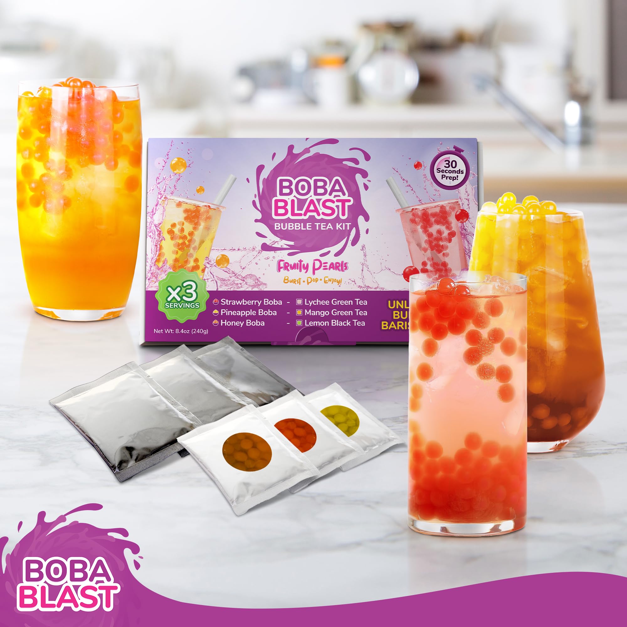 BobaBlast Bubble Tea Kit (240 g) - BobaPearls de 3 Sabores Afrutados de Fresa, Piña y Miel - Set Popping BobaDivertido y Rápido de Preparar - BobaTea Delicioso para Amigos y Familia