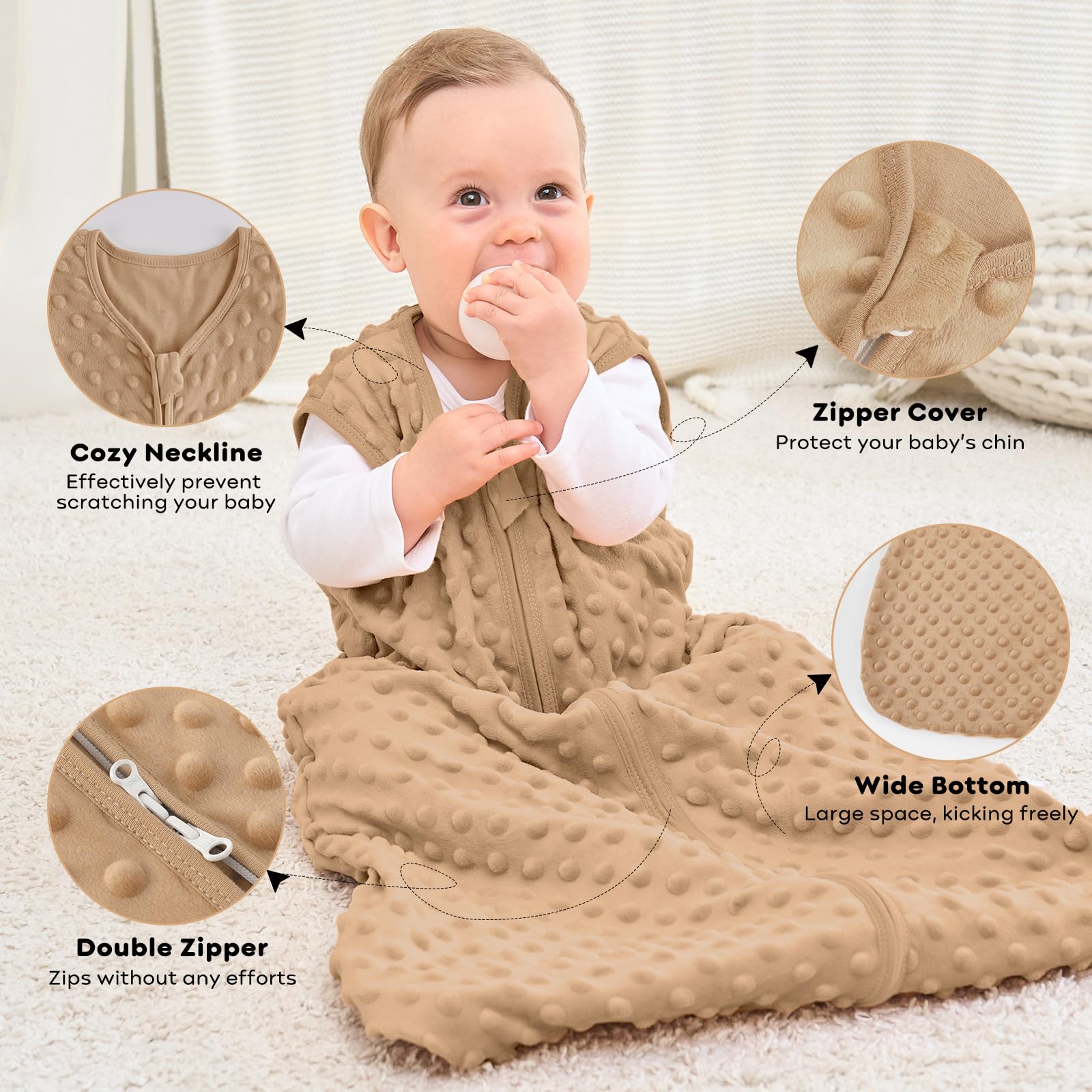 Sacco Nanna Invernale 6-12 Mesi, Neonato Sacchi Nanna 1.5 Tog Autunno con Pois di Peluche, Morbido Sacco Nanna per Bambini in Cotone, Confezione da 2 Pezzi Marrone&Caffè