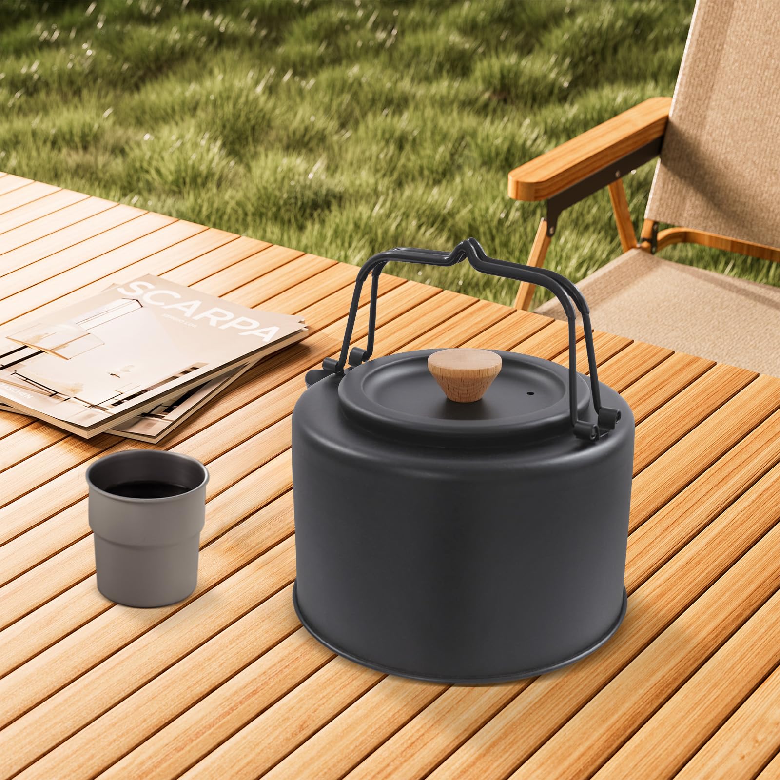 Bouilloire de camping 1 l, bouilloire portable en acier inoxydable, ultra légère, pour randonnée, camping, pique-nique (noir)