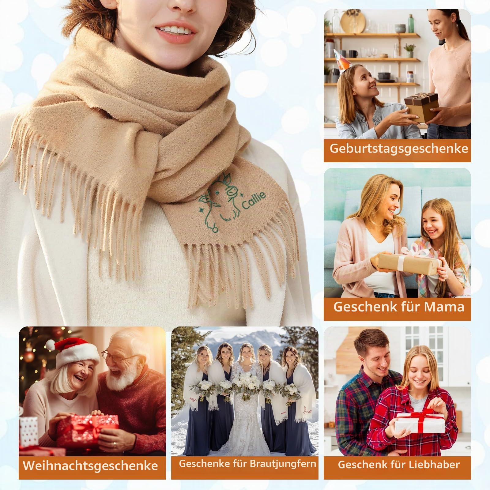 Personalisierter bestickter Schal, Unisex-Kaschmirschals, bestickter Name, Sternbilder, Geburtsblume, Damen-Umhängetuch für die tägliche Reise, Weihnachten, Hochzeit, Geburtstag, Geschenke für Braut,